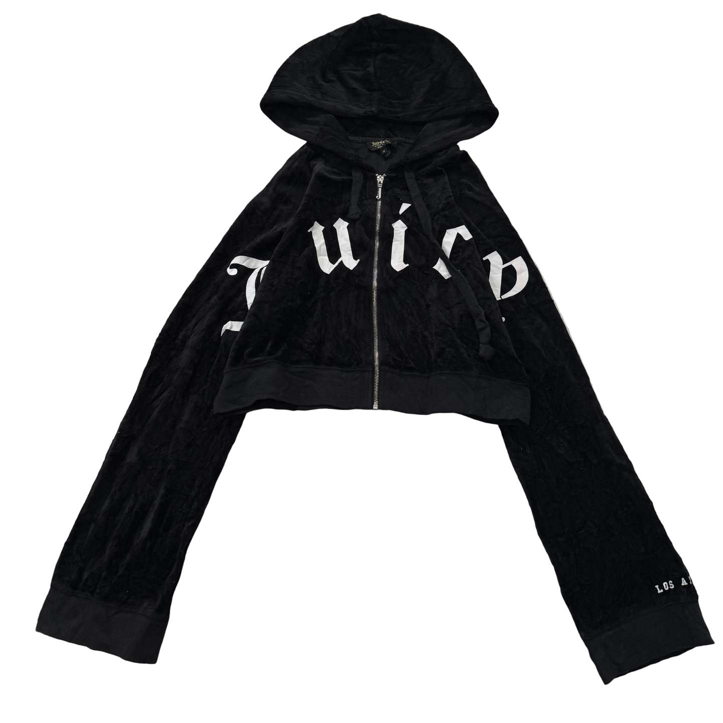 Juicy Couture Women's Jet Black Velour Zip-Up Cropped Hoodie Long Sleeve Size M-Coordom