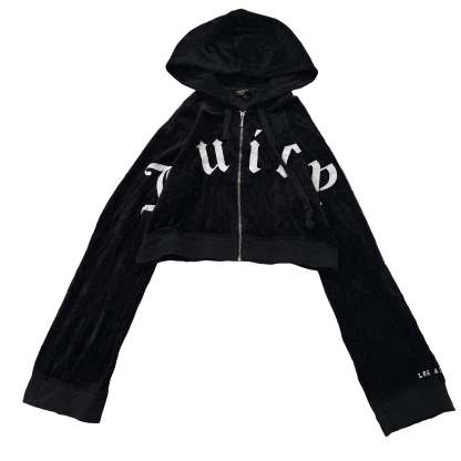 Juicy Couture Women's Jet Black Velour Zip-Up Cropped Hoodie Long Sleeve Size M-Coordom