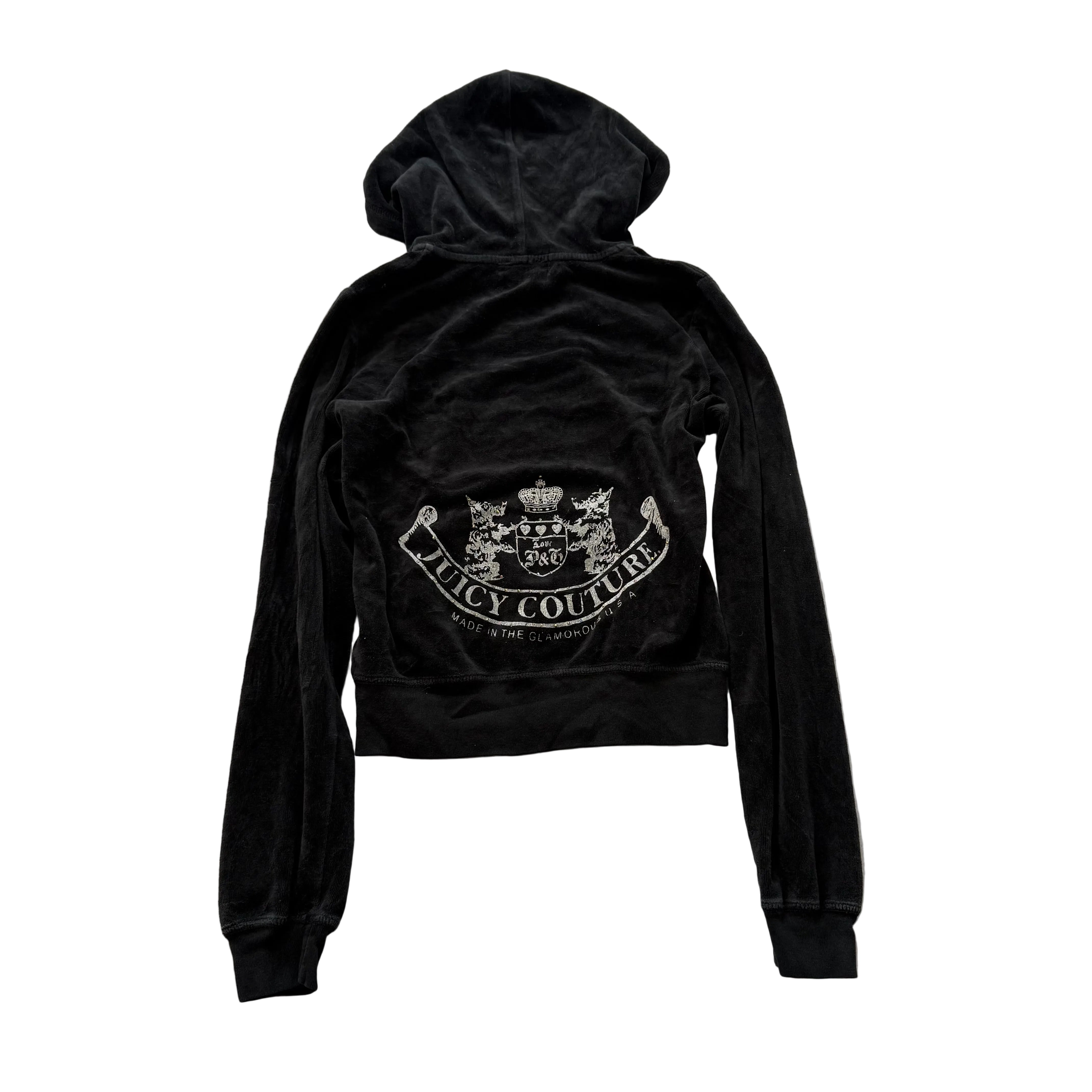 Vintage Juicy Couture Women's Black Velour Full Zip Cropped Hoodie Logo Size S-Coordom