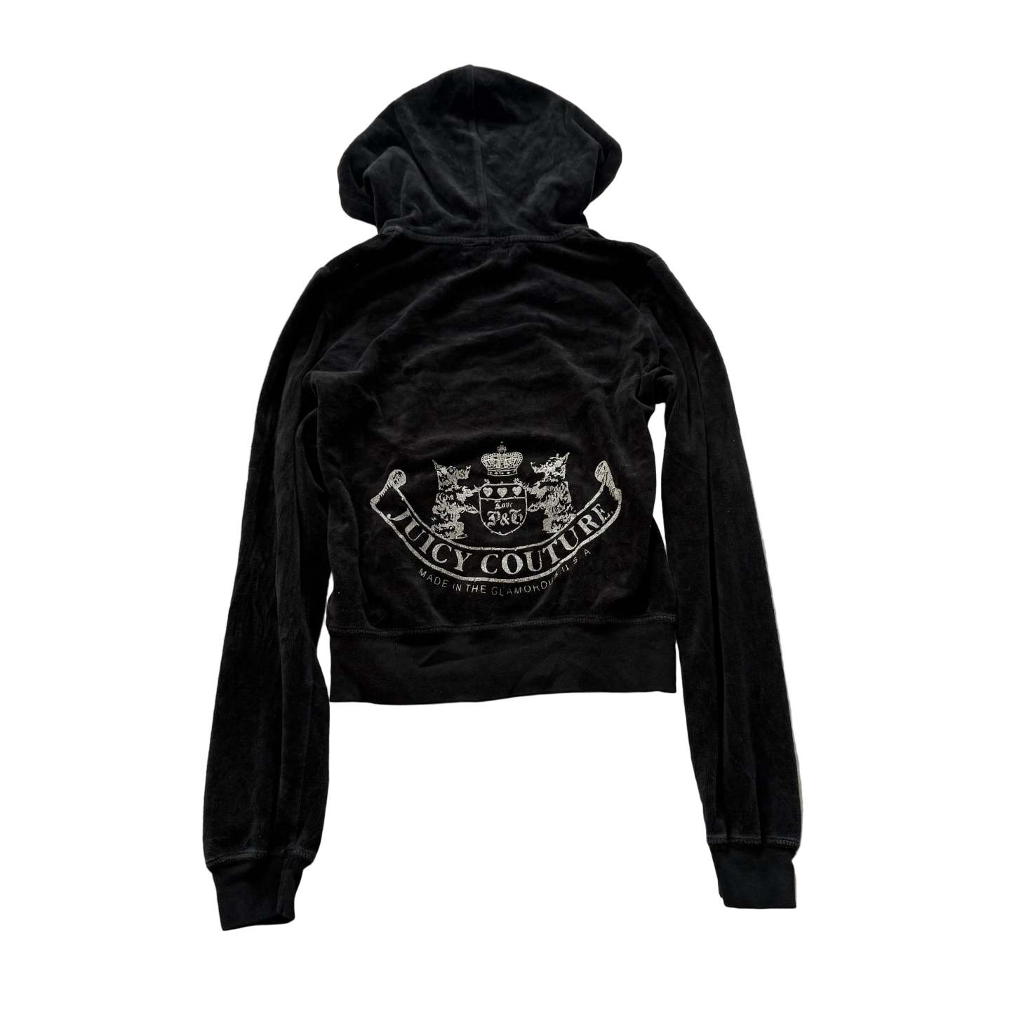 Vintage Juicy Couture Women's Black Velour Full Zip Cropped Hoodie Logo Size S-Coordom