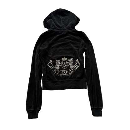 Vintage Juicy Couture Women's Black Velour Full Zip Cropped Hoodie Logo Size S-Coordom