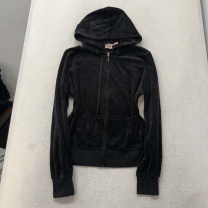 Juicy Couture Black Velour Tracksuit Set Zip Up Hoodie & Flare Pant Logo Size XL-Coordom