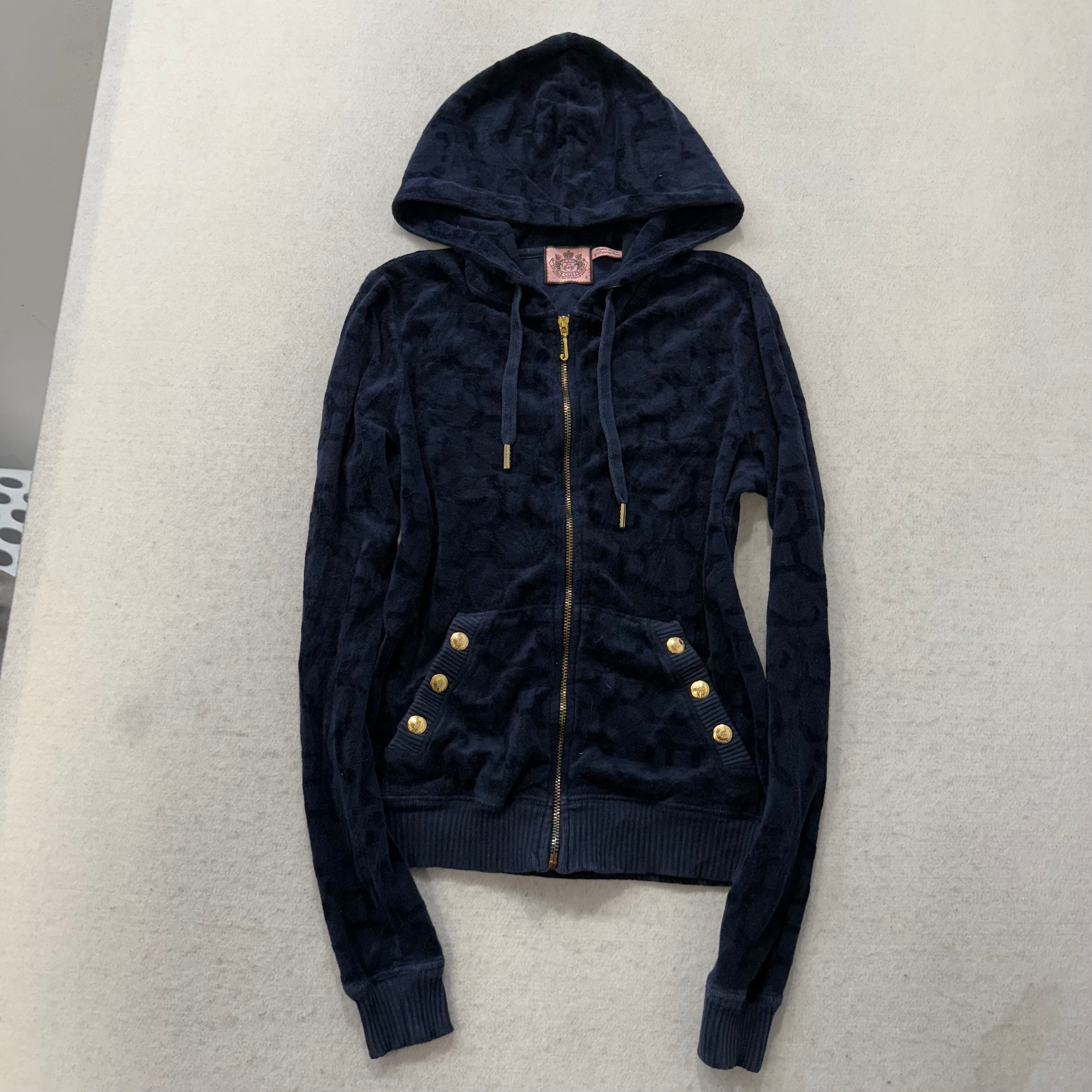 Vintage Juicy Couture Women Navy Terrycloth Butterfly Print Zip-Up Hoodie Size S-Coordom