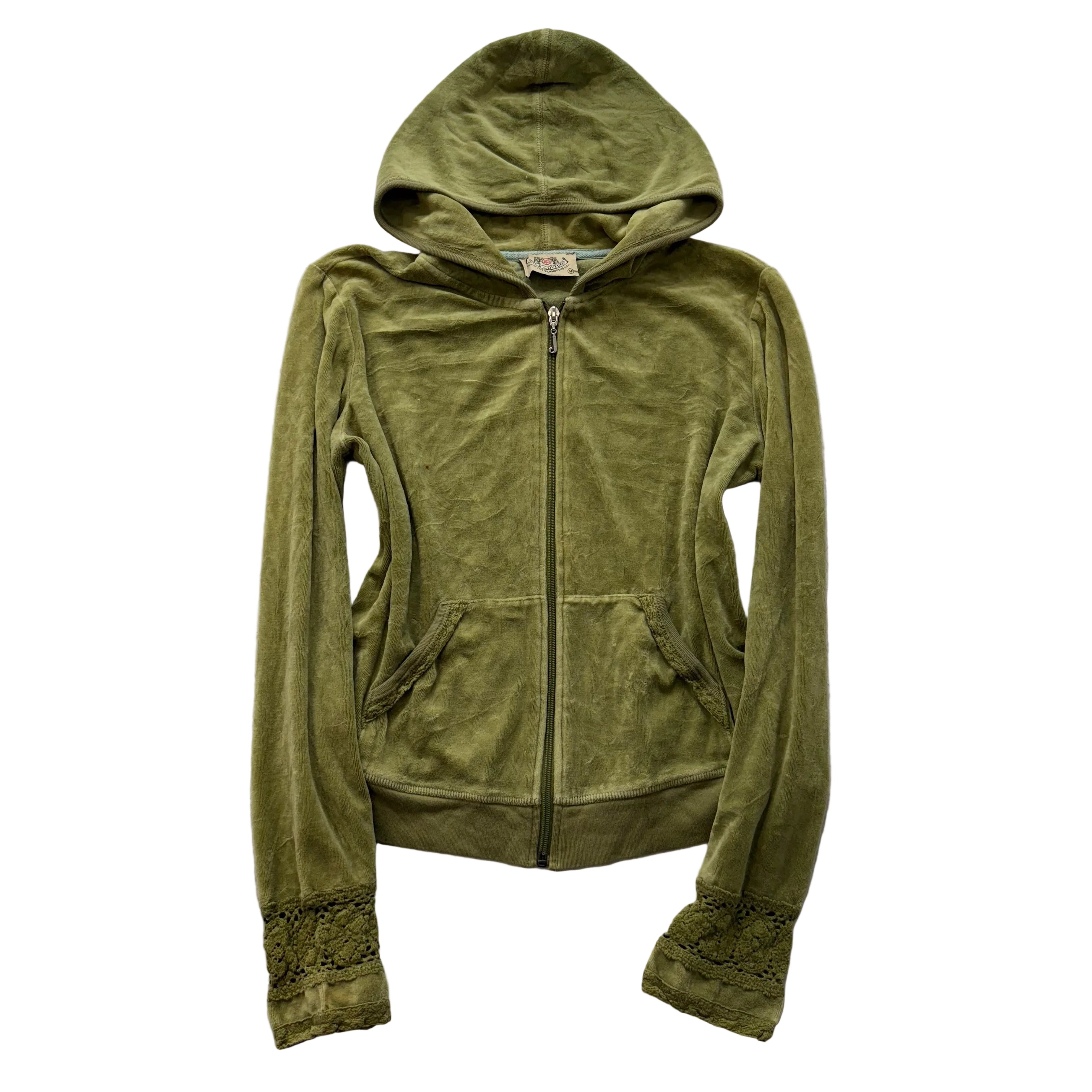 2003 Vintage Juicy Couture Women's Olive Green Velour Hoodie Lace Cuffs Size M-Coordom