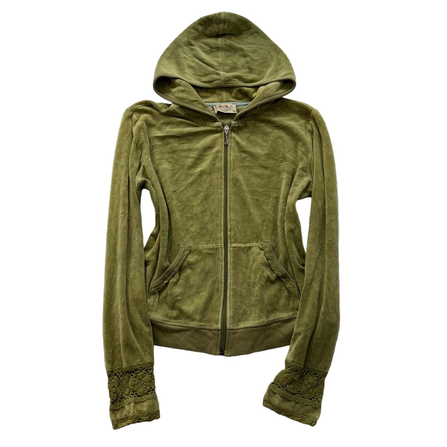 2003 Vintage Juicy Couture Women's Olive Green Velour Hoodie Lace Cuffs Size M-Coordom