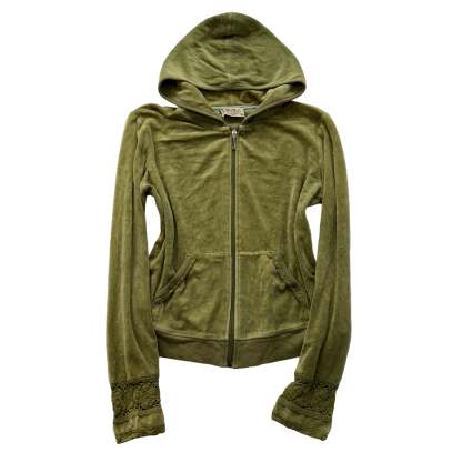 2003 Vintage Juicy Couture Women's Olive Green Velour Hoodie Lace Cuffs Size M-Coordom