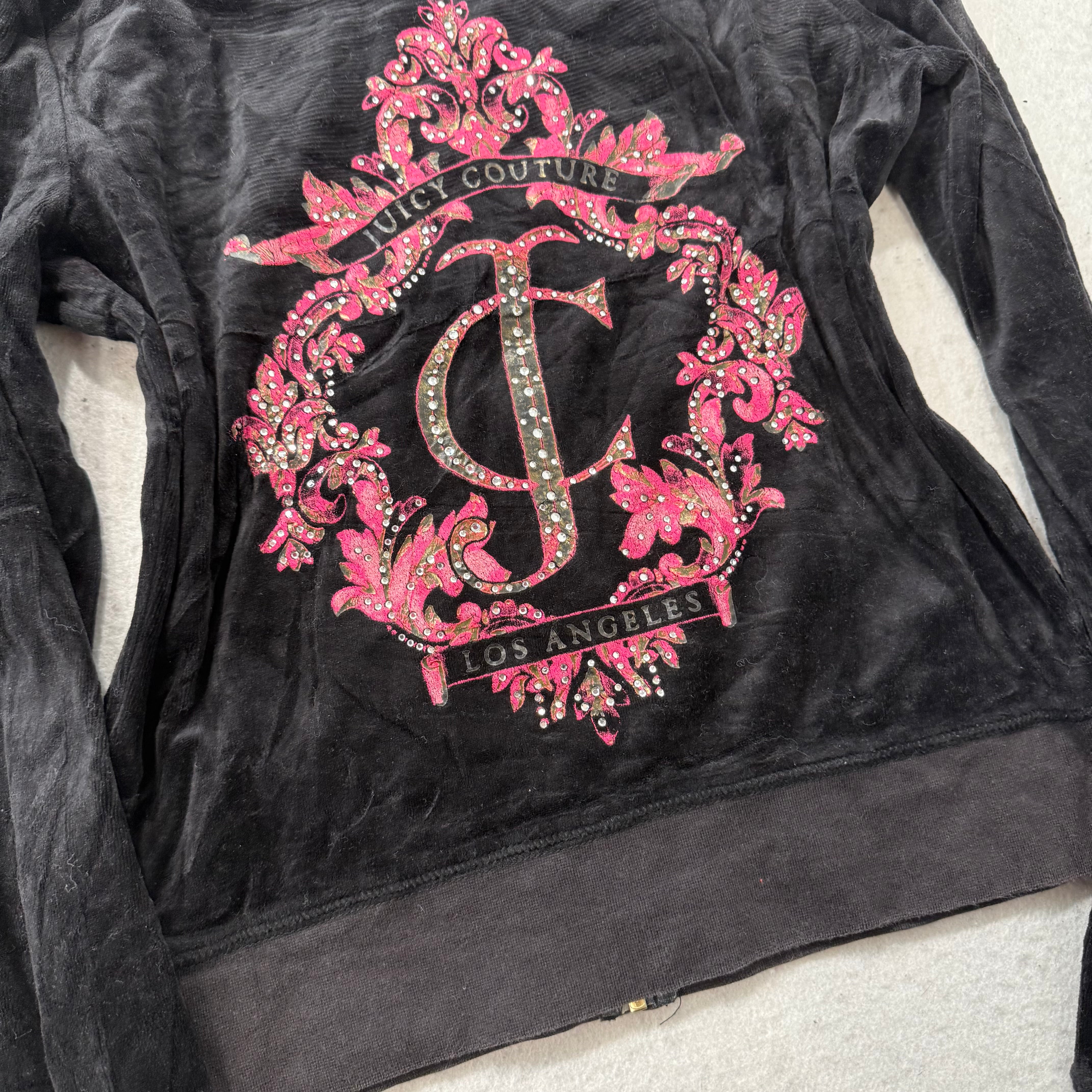 Juicy Couture Los Angeles Women's Black Velour Zip-Up Hoodie Crest logo Size L-Coordom