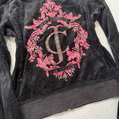 Juicy Couture Los Angeles Women's Black Velour Zip-Up Hoodie Crest logo Size L-Coordom