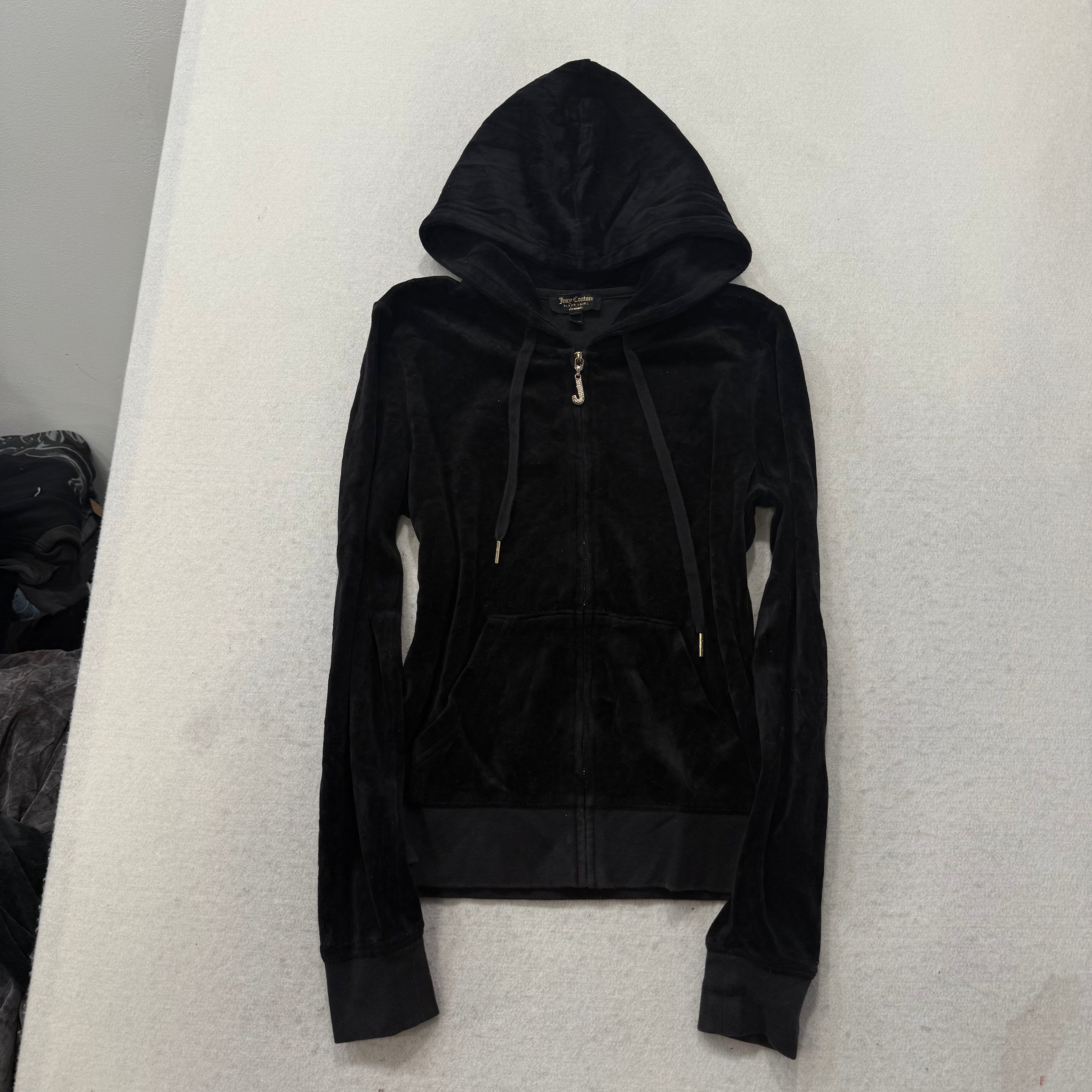 Juicy Couture Black Velour Tracksuit Set Zip Up Hoodie & Flared Pant Y2K Size S-Coordom