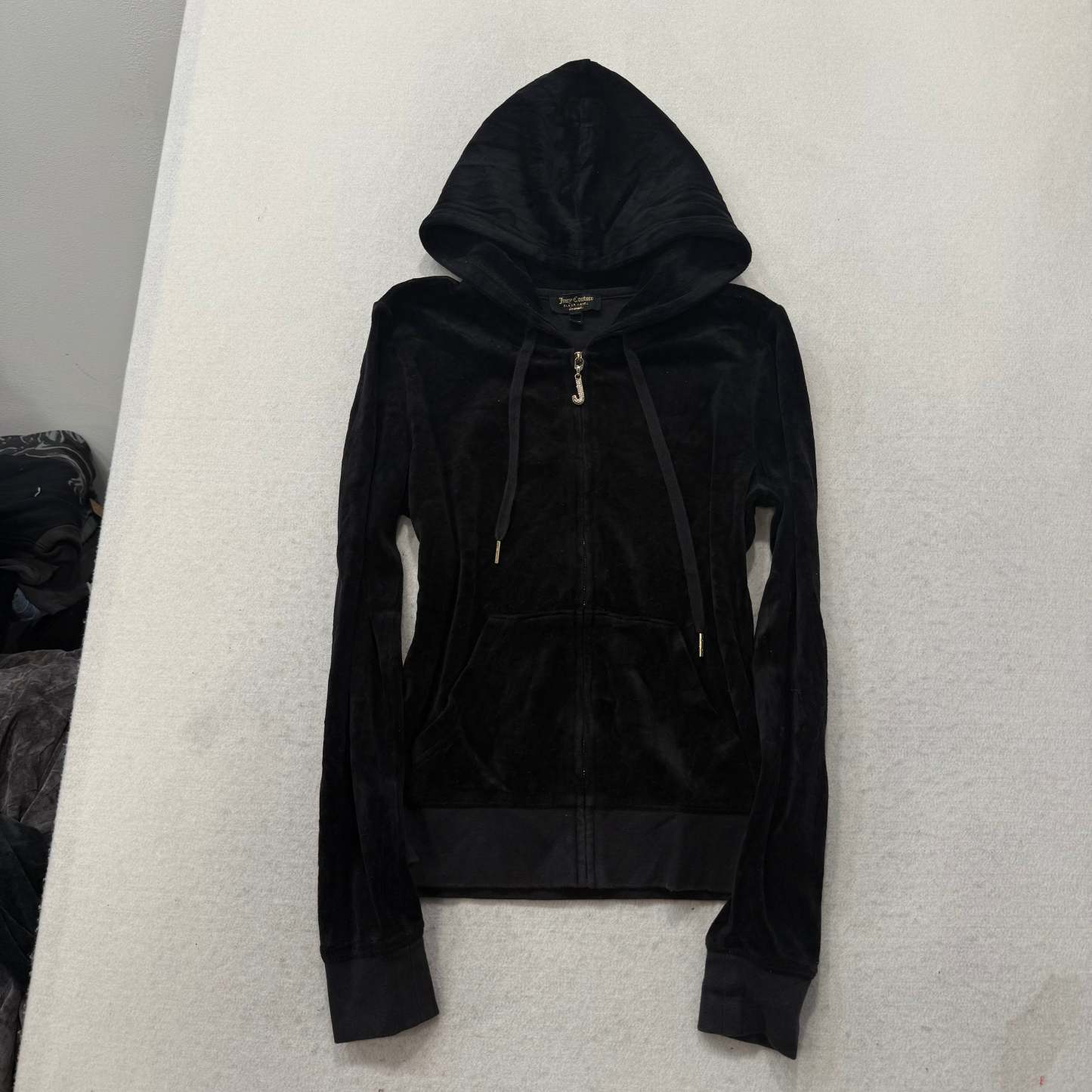 Juicy Couture Black Velour Tracksuit Set Zip Up Hoodie & Flared Pant Y2K Size S-Coordom