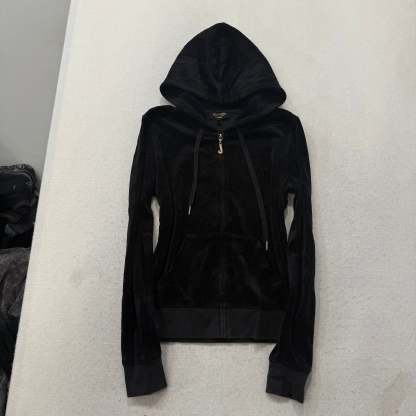 Juicy Couture Black Velour Tracksuit Set Zip Up Hoodie & Flared Pant Y2K Size S-Coordom