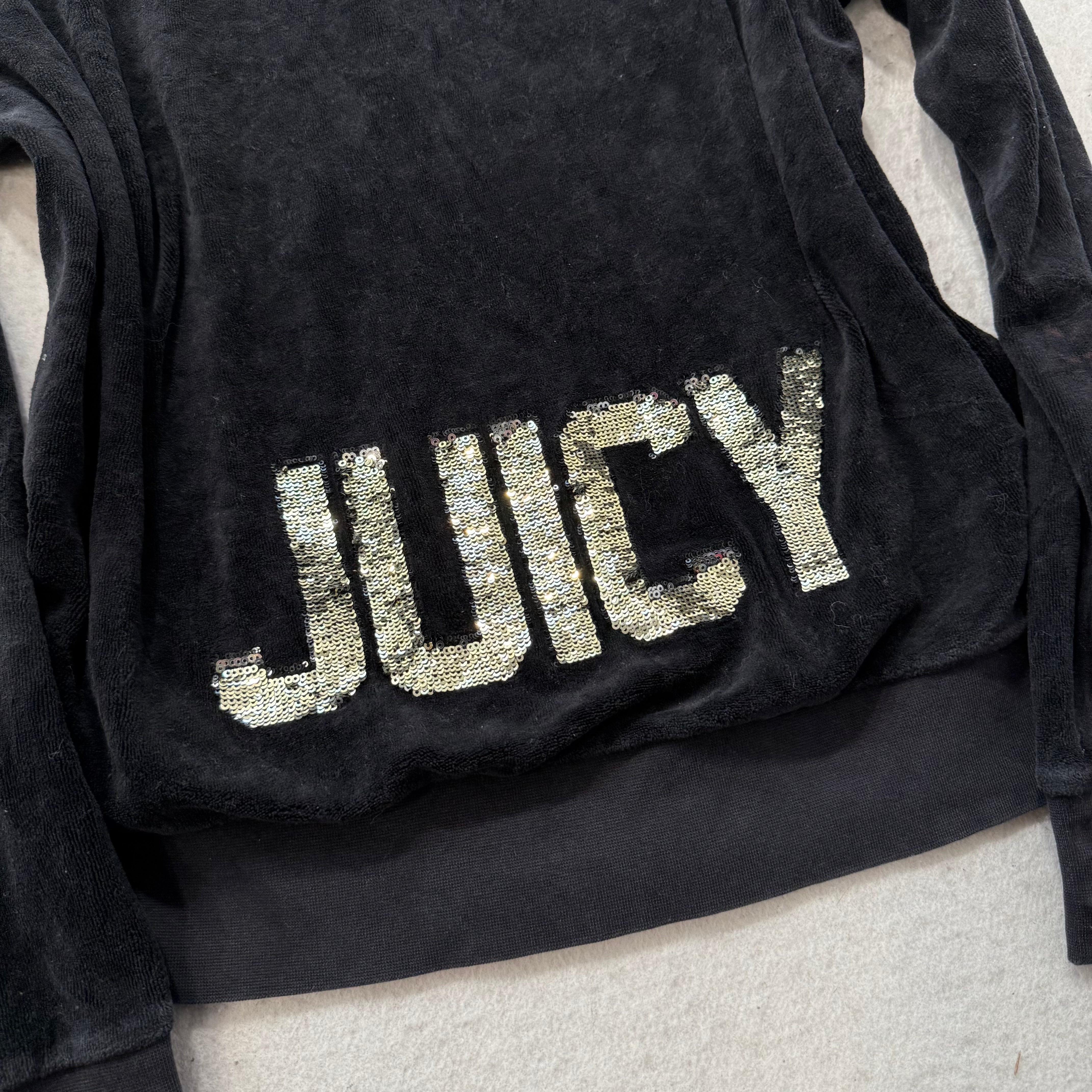 Juicy Couture Womens Black Velour Zip-Up Hoodie Gold Sequin Logo Spellout Size L-Coordom