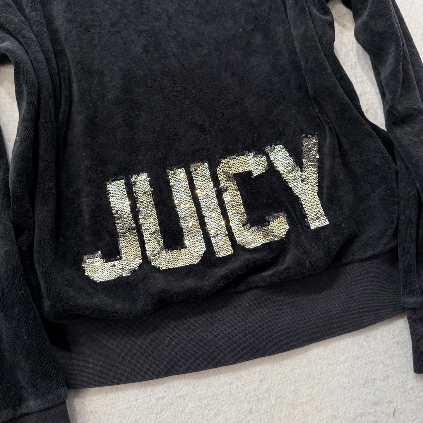 Juicy Couture Womens Black Velour Zip-Up Hoodie Gold Sequin Logo Spellout Size L-Coordom