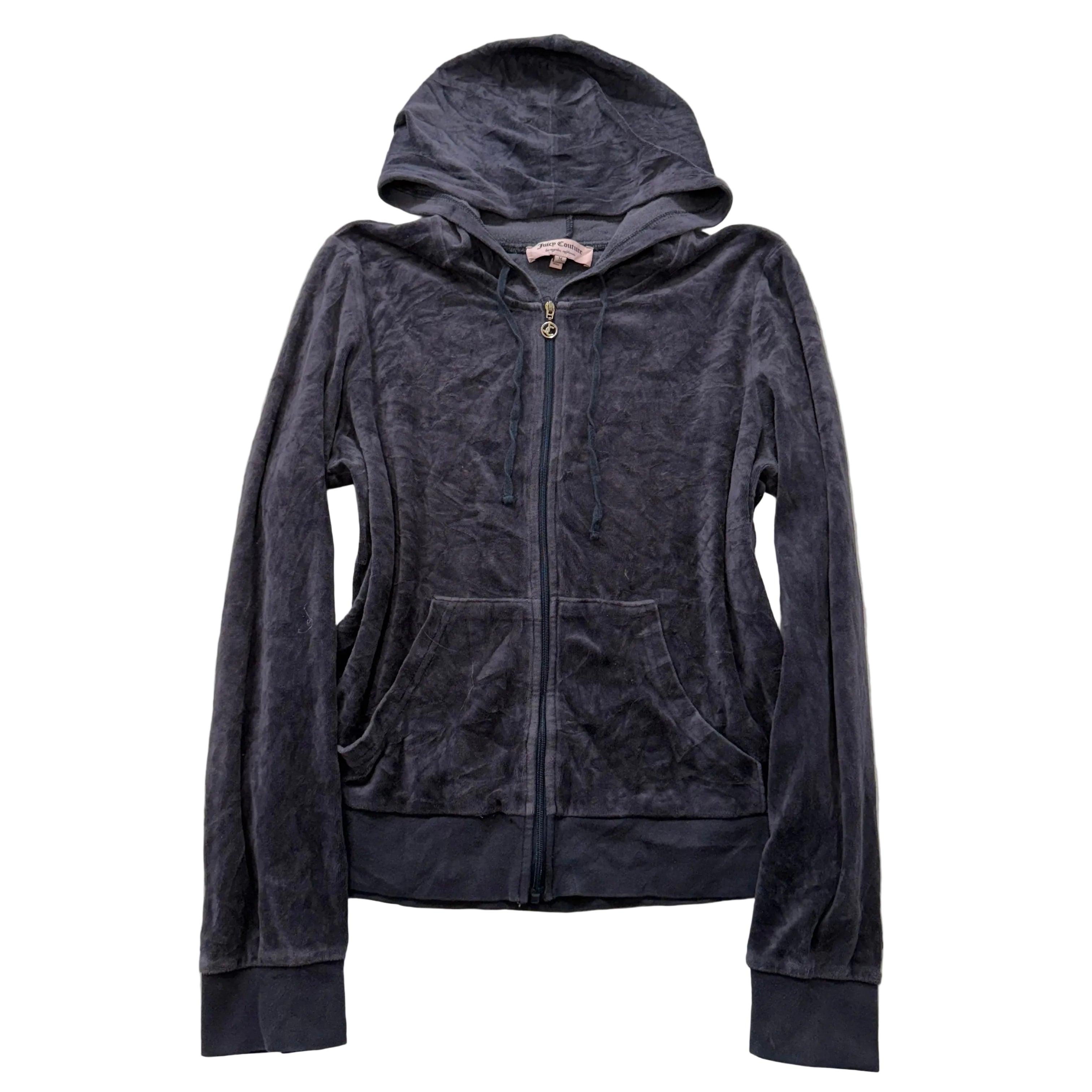 Juicy Couture Women's Deep Charcoal Velour Zip-Up Hoodie Loungwear Size M-Coordom