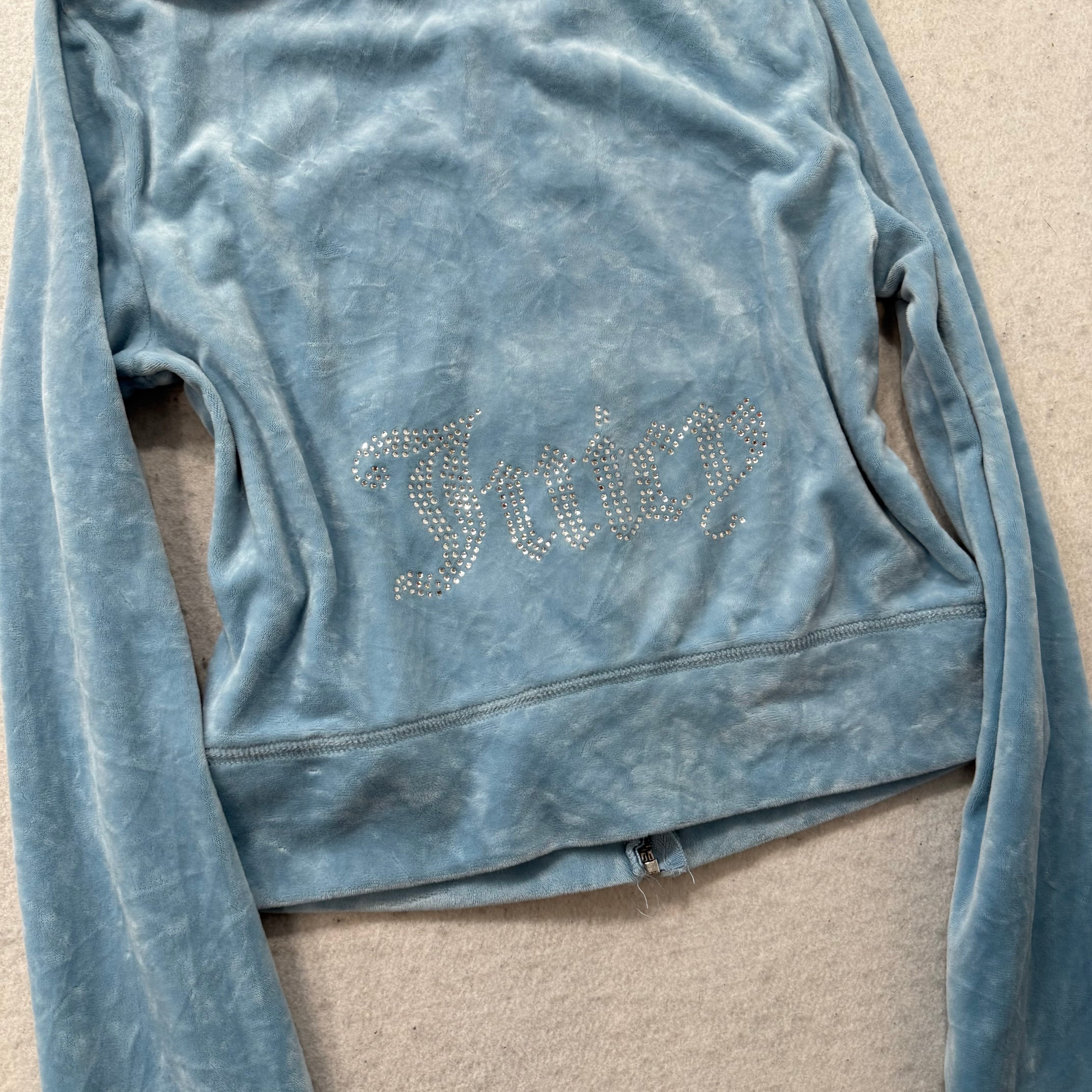 Juicy Couture Women's Light Blue Velour Zip-Up Cropped Hoodie Rhinestones Size S-Coordom