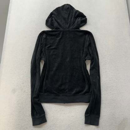 Vintage Juicy Couture Women's Black Velour Zip-Up Hoodie Slash Pockets Size S-Coordom
