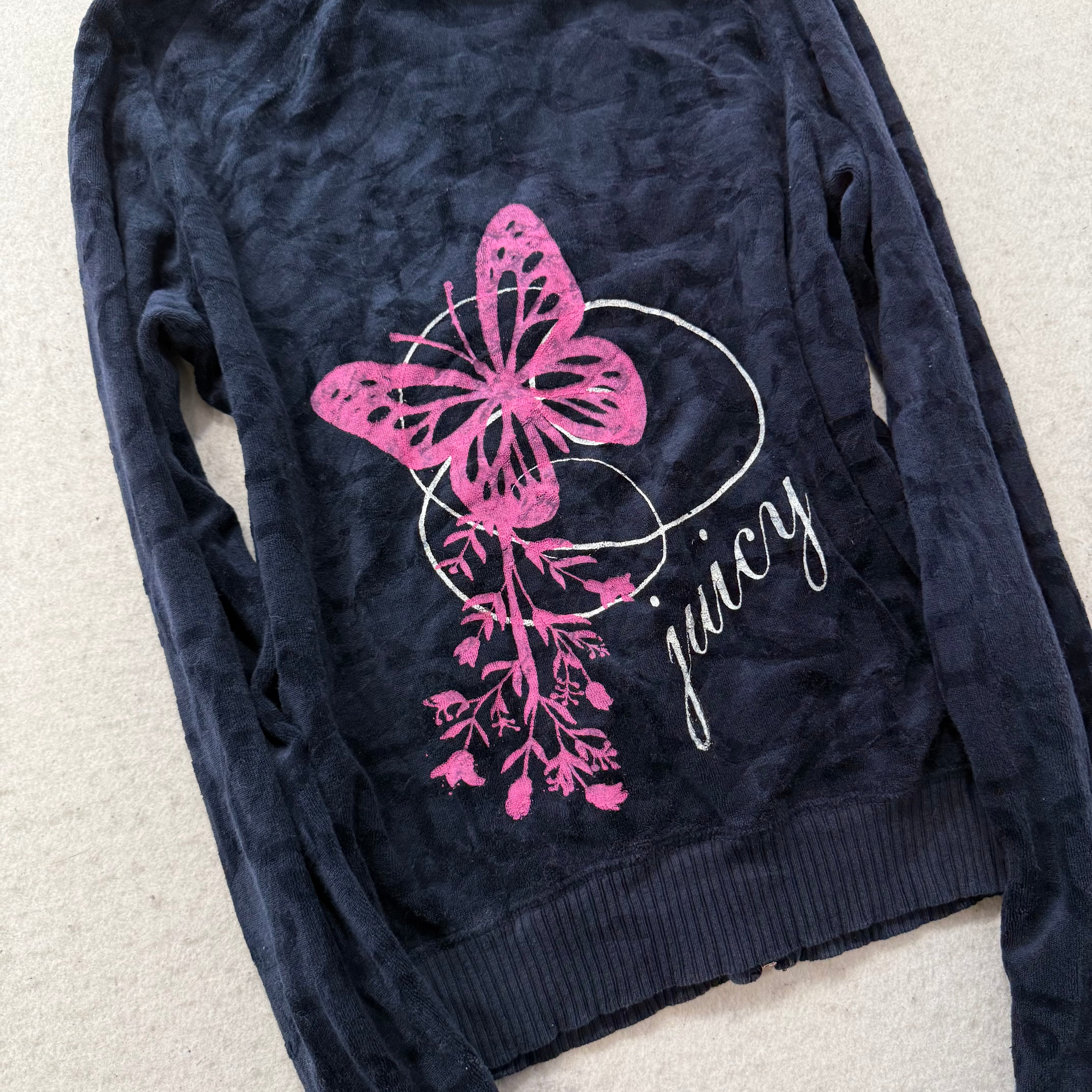 Vintage Juicy Couture Women Navy Terrycloth Butterfly Print Zip-Up Hoodie Size S-Coordom