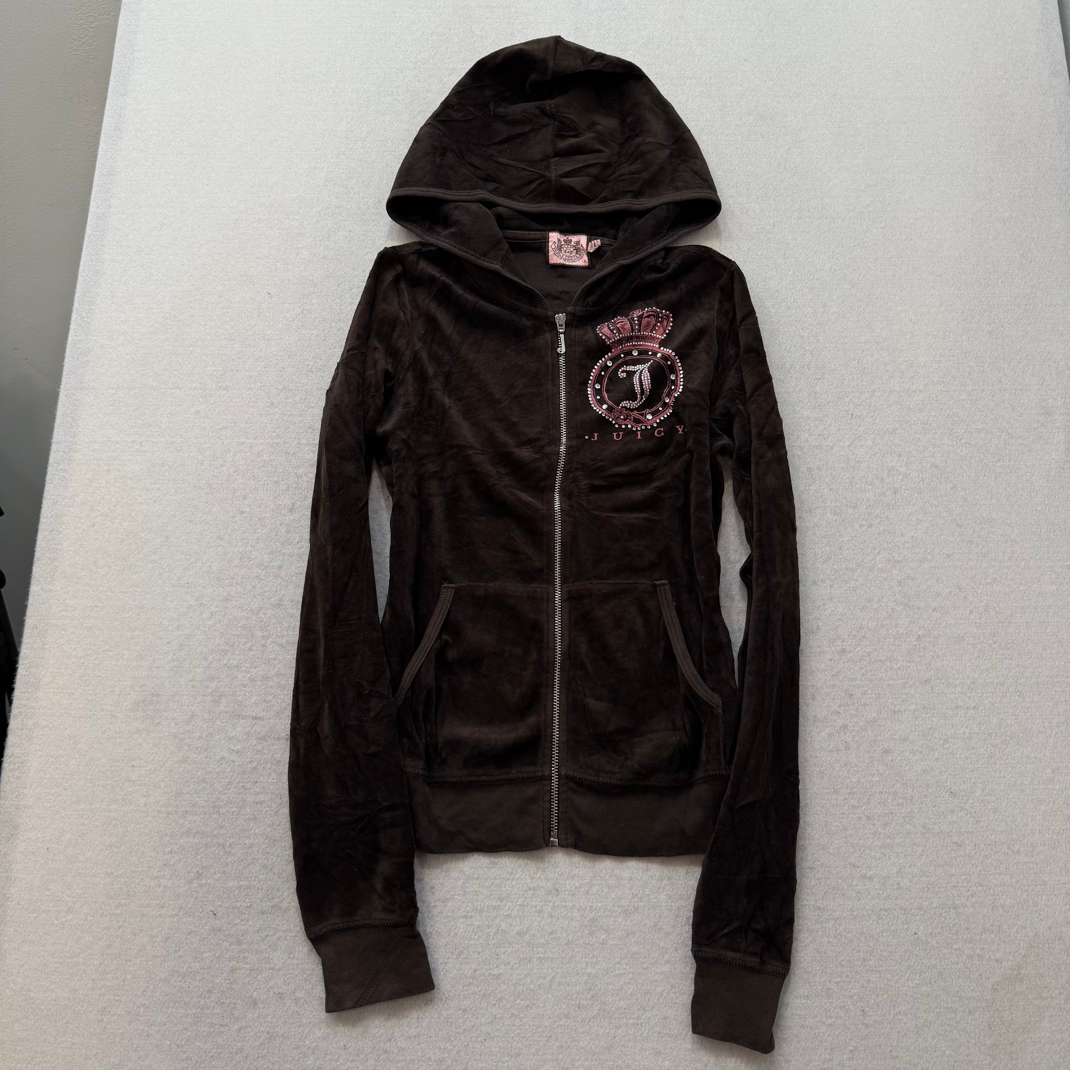 Vintage Juicy Couture Women's Brown Velour Zip Up Hoodie Rhinestones Logo Size S-Coordom