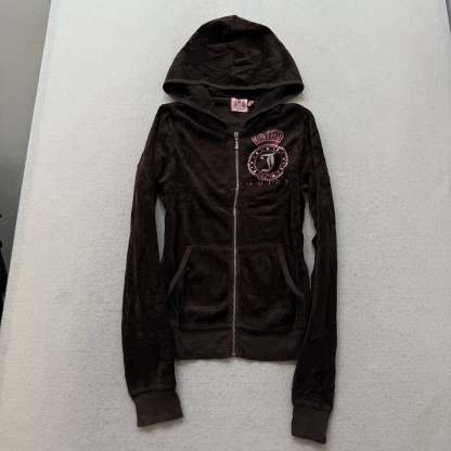Vintage Juicy Couture Women's Brown Velour Zip Up Hoodie Rhinestones Logo Size S-Coordom