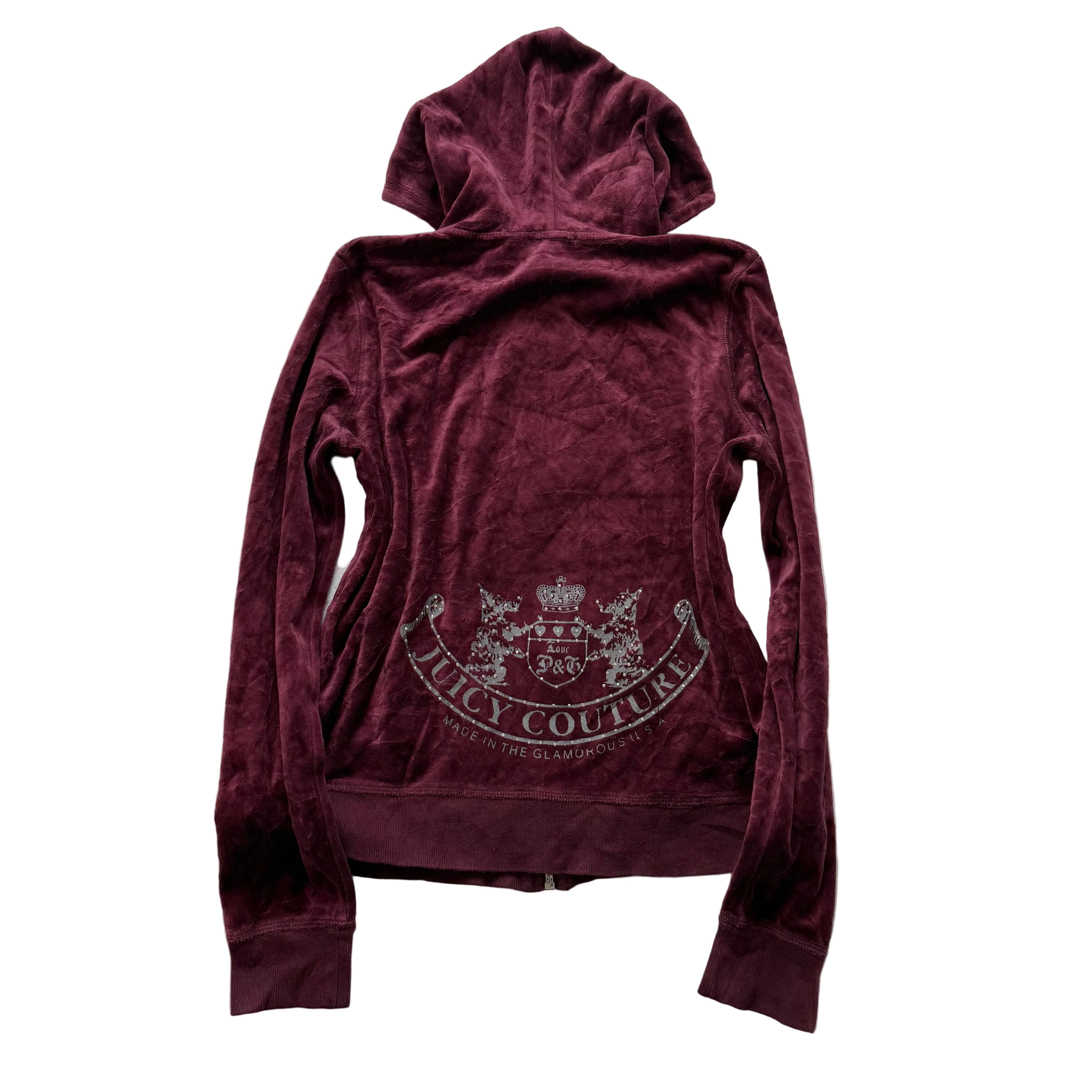Juicy Couture Scottie Dogs Women's Burgundy Velour Zip-Up Hoodie Pockets Size M-Coordom