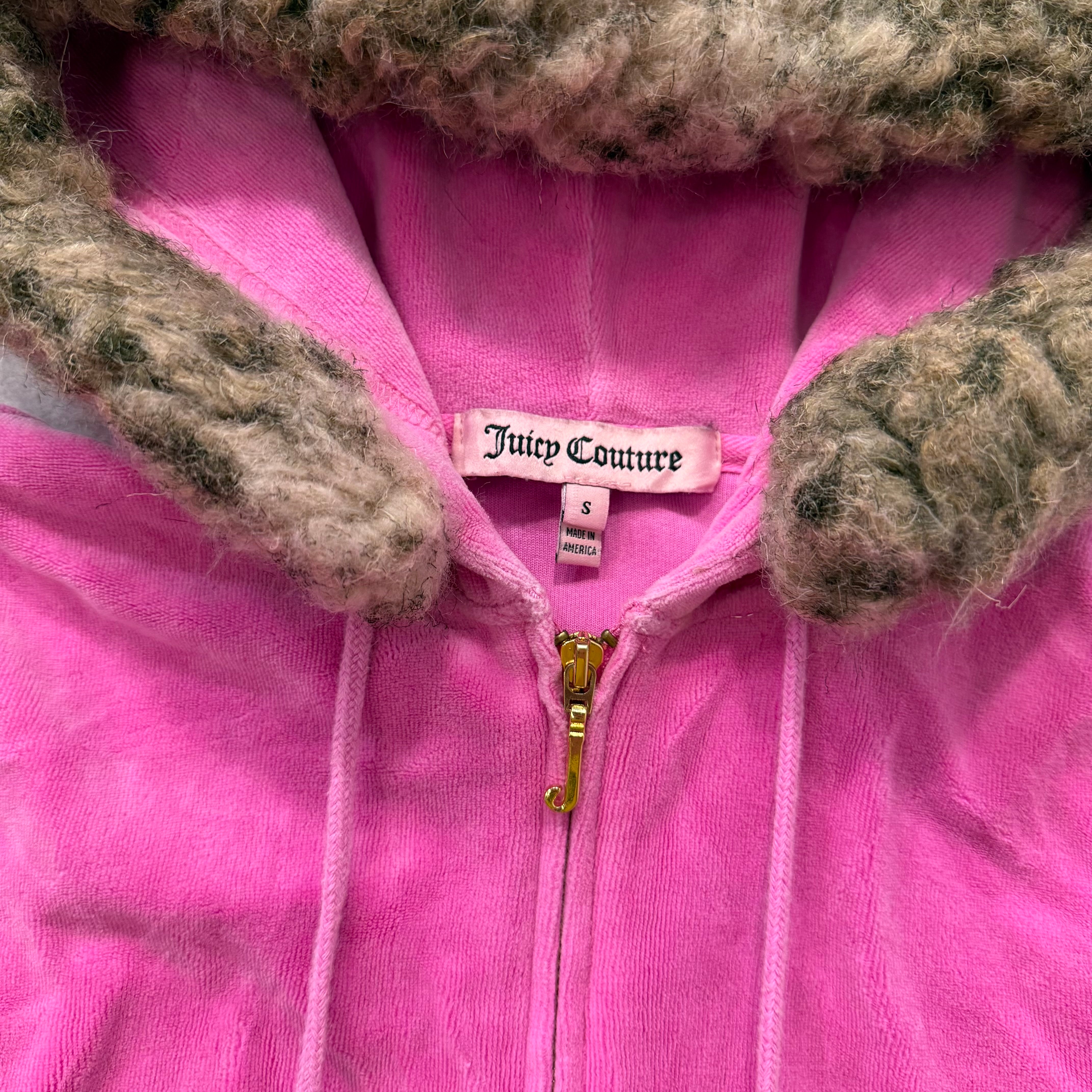 Juicy Couture Hot Pink Velour Zip-Up Hoodie Faux Fur Hood with Pom-Poms Size S-Coordom