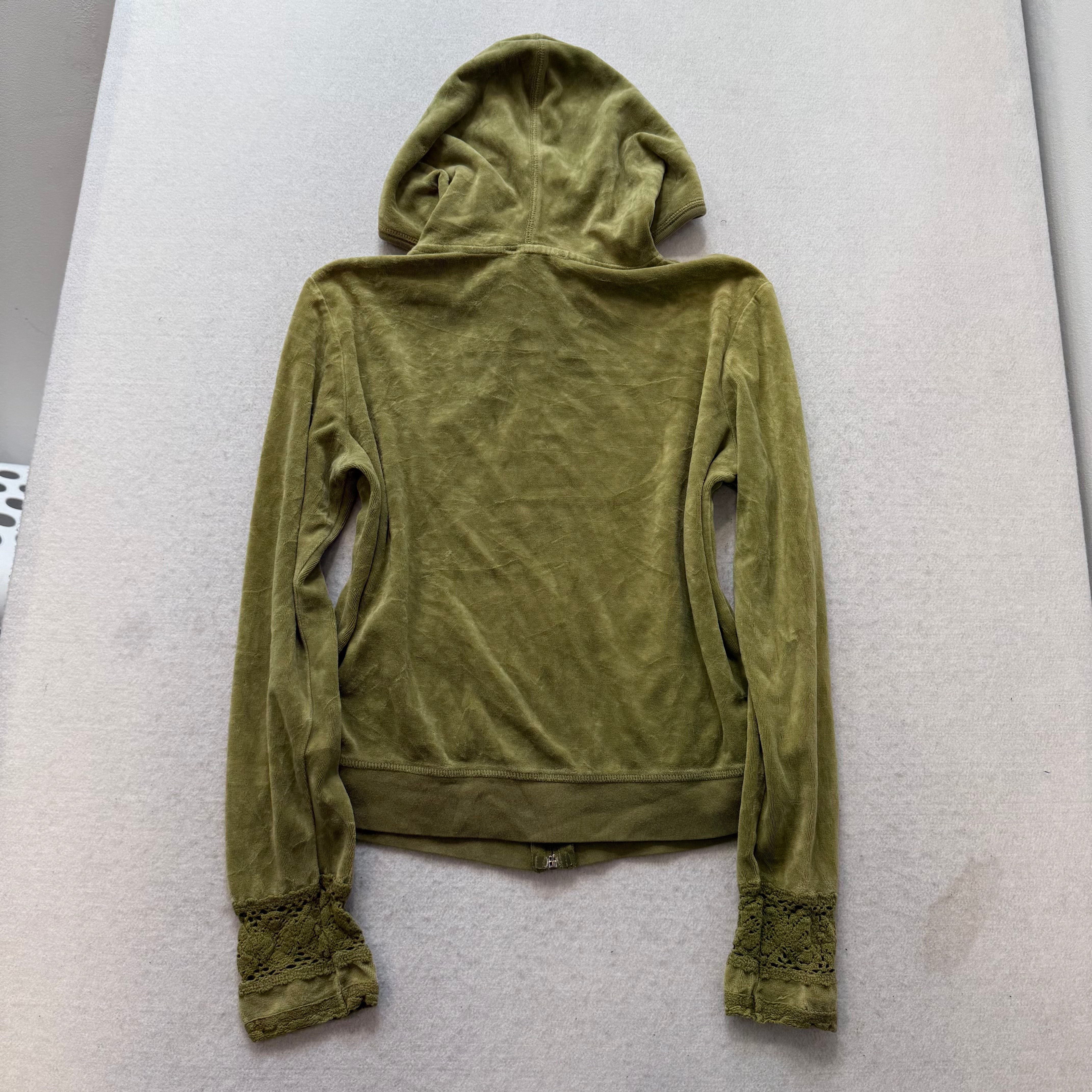 2003 Vintage Juicy Couture Women's Olive Green Velour Hoodie Lace Cuffs Size M-Coordom