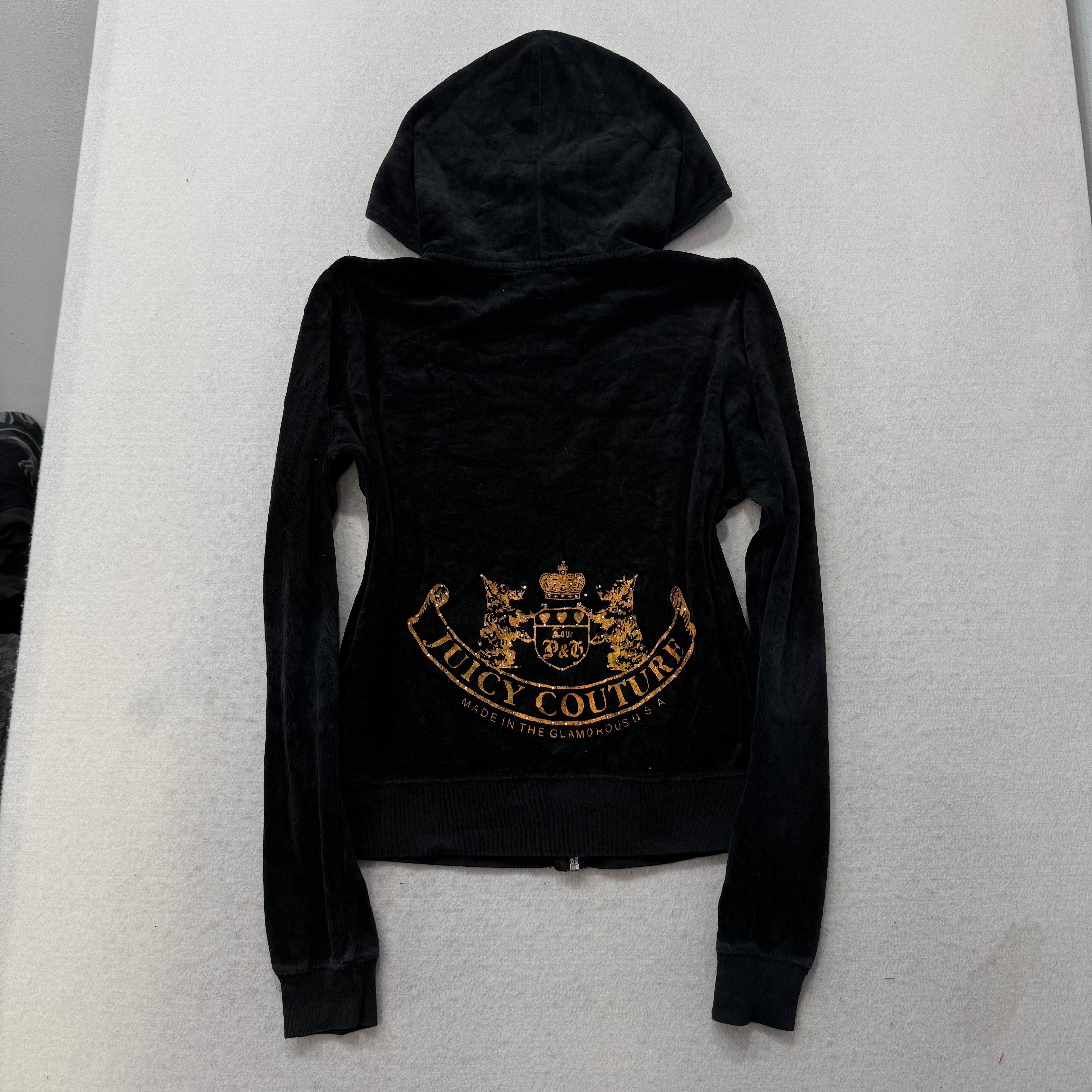 Vintage Juicy Couture Black Velour Tracksuit Set Zip Up Hoodie & Pant Y2K Size S-Coordom