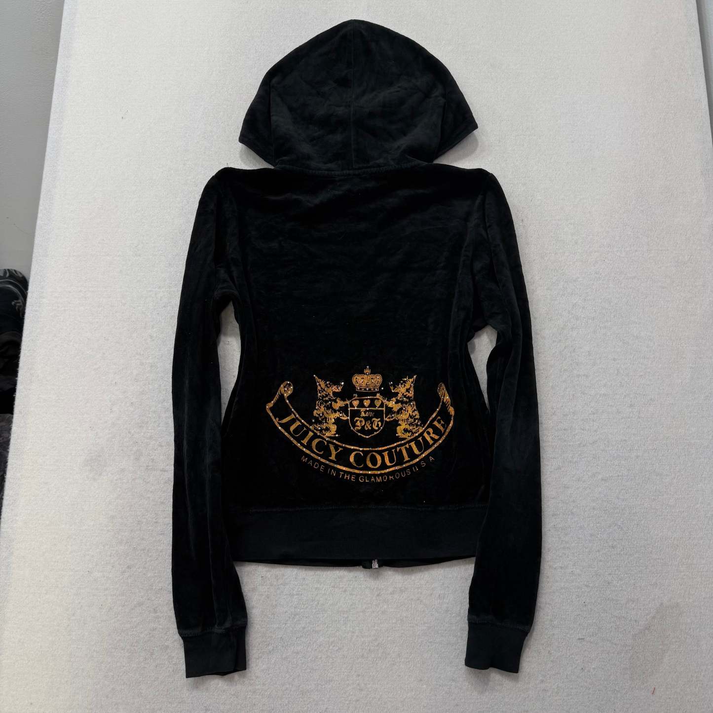 Vintage Juicy Couture Black Velour Tracksuit Set Zip Up Hoodie & Pant Y2K Size S-Coordom