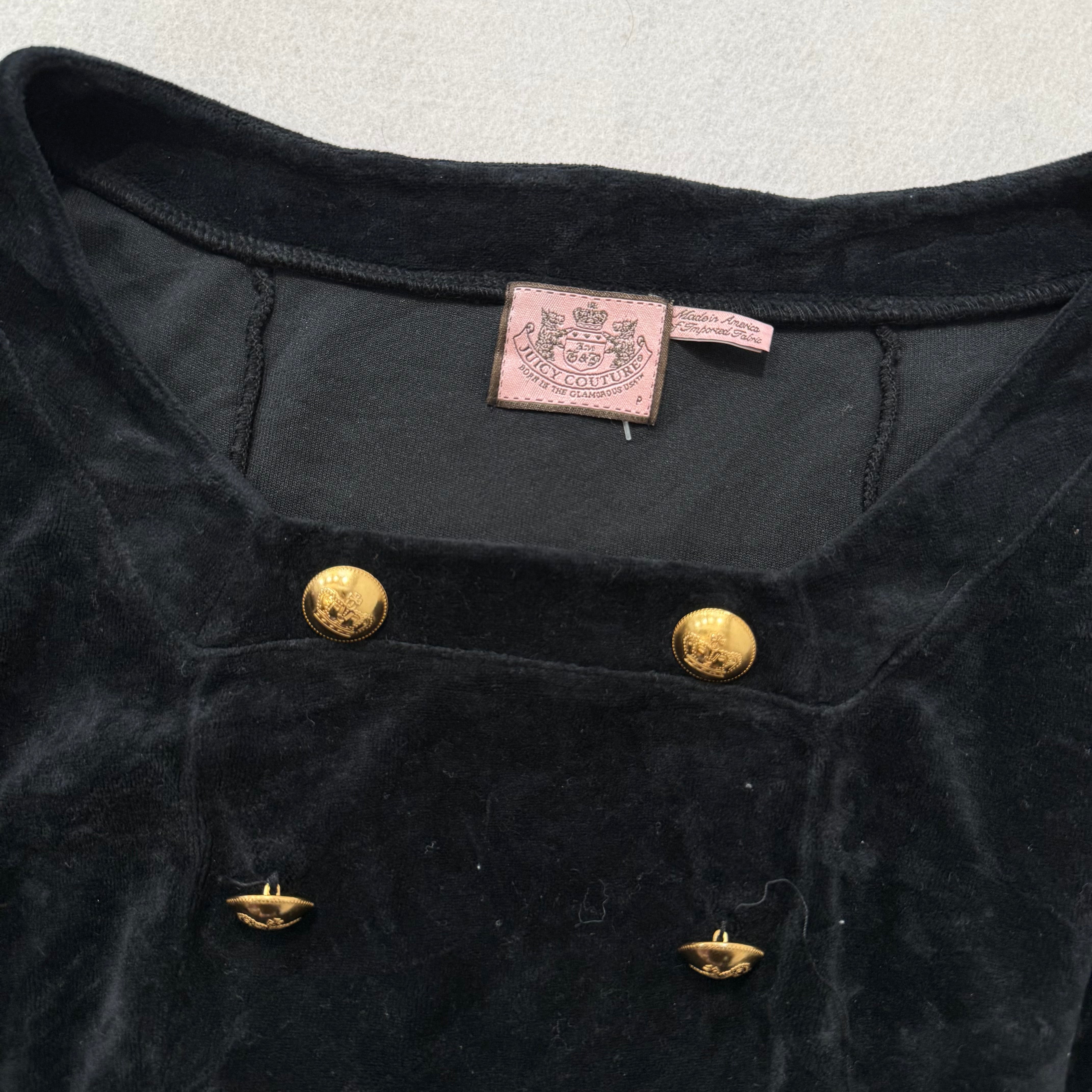 Juicy Couture Women's Black Velour Long Sleeve Dress Gold Crest Buttons Size P-Coordom
