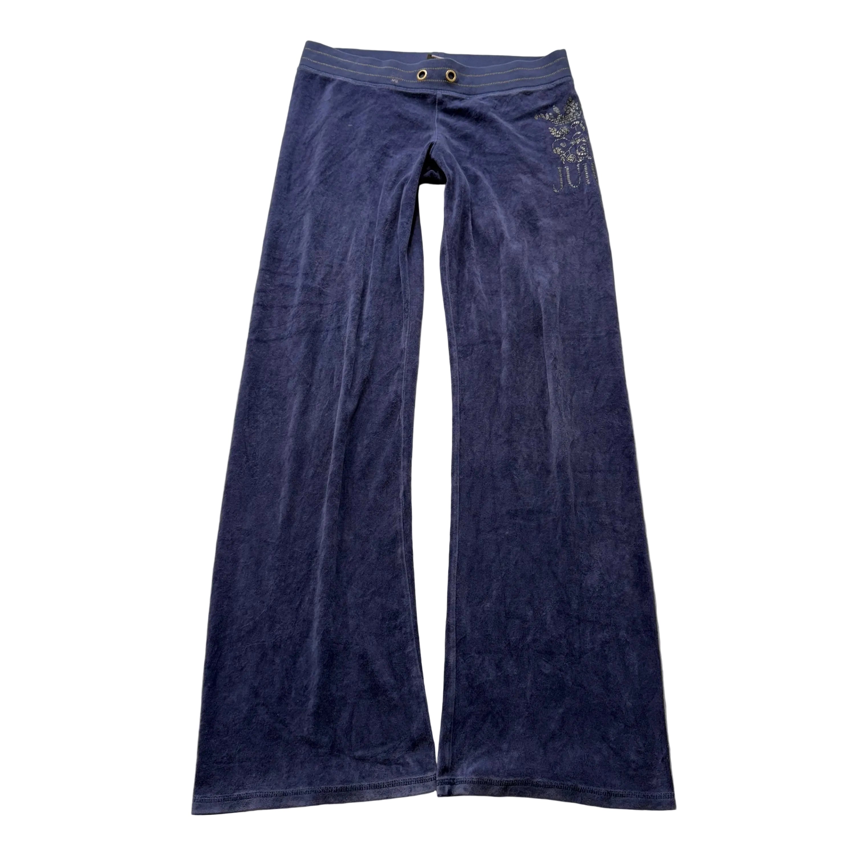 Juicy Couture Women's Deep Blue Velour Flare Leg Track Pant Graphic Logo Size M-Coordom