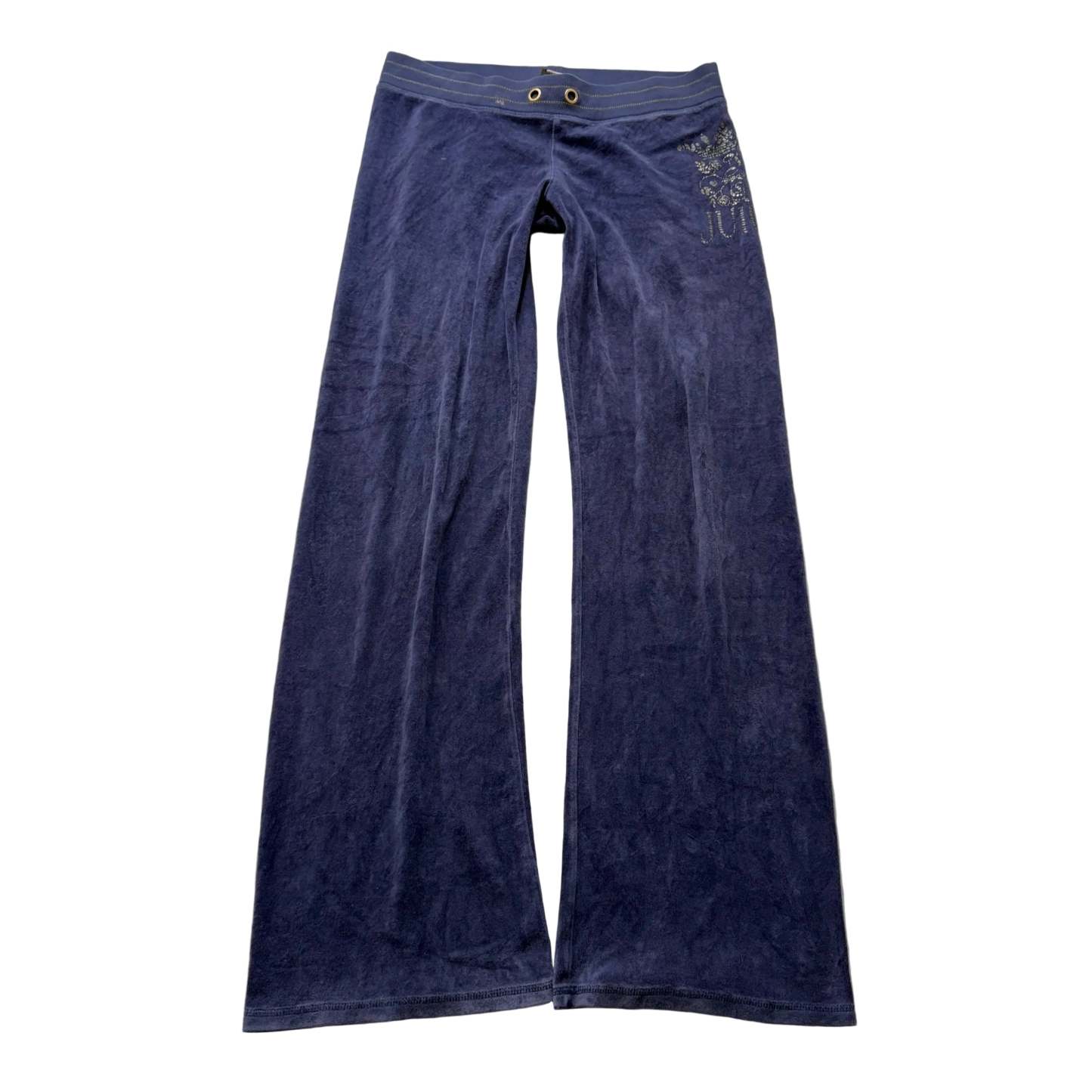 Juicy Couture Women's Deep Blue Velour Flare Leg Track Pant Graphic Logo Size M-Coordom