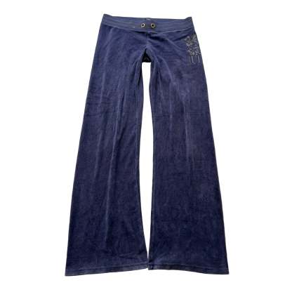 Juicy Couture Women's Deep Blue Velour Flare Leg Track Pant Graphic Logo Size M-Coordom