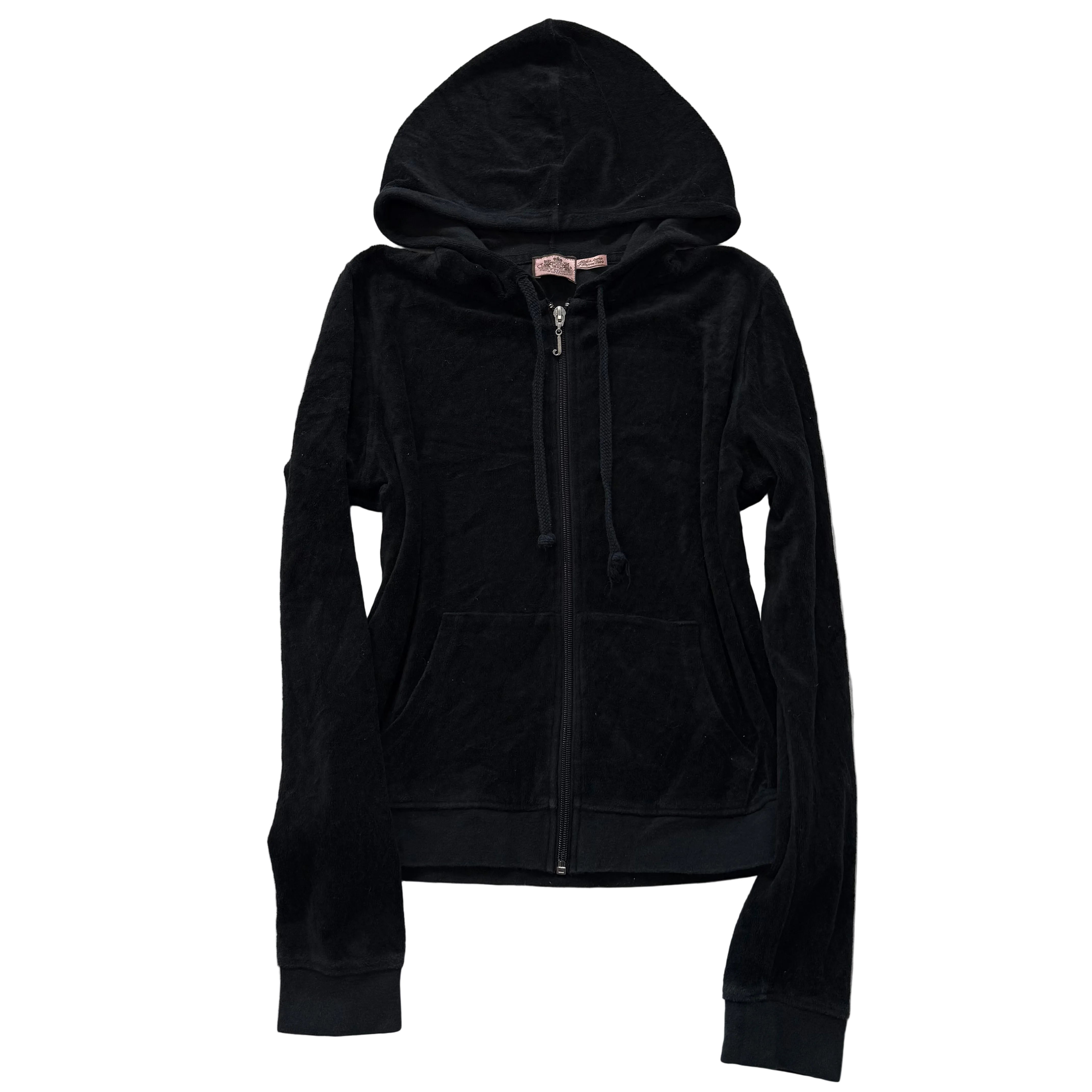 Vintage Juicy Couture Women's Black Velour Zip-Up Hoodie Slash Pockets Size S-Coordom