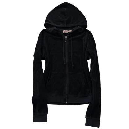 Vintage Juicy Couture Women's Black Velour Zip-Up Hoodie Slash Pockets Size S-Coordom