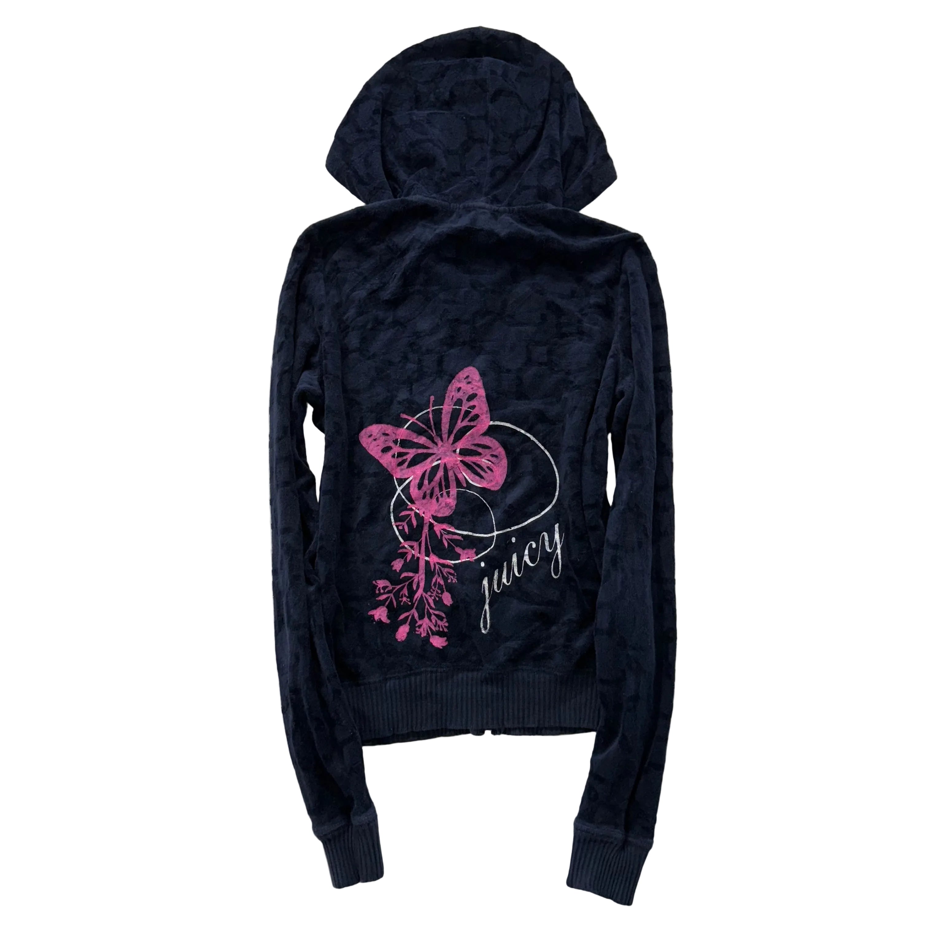 Vintage Juicy Couture Women Navy Terrycloth Butterfly Print Zip-Up Hoodie Size S-Coordom