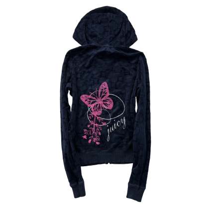 Vintage Juicy Couture Women Navy Terrycloth Butterfly Print Zip-Up Hoodie Size S-Coordom