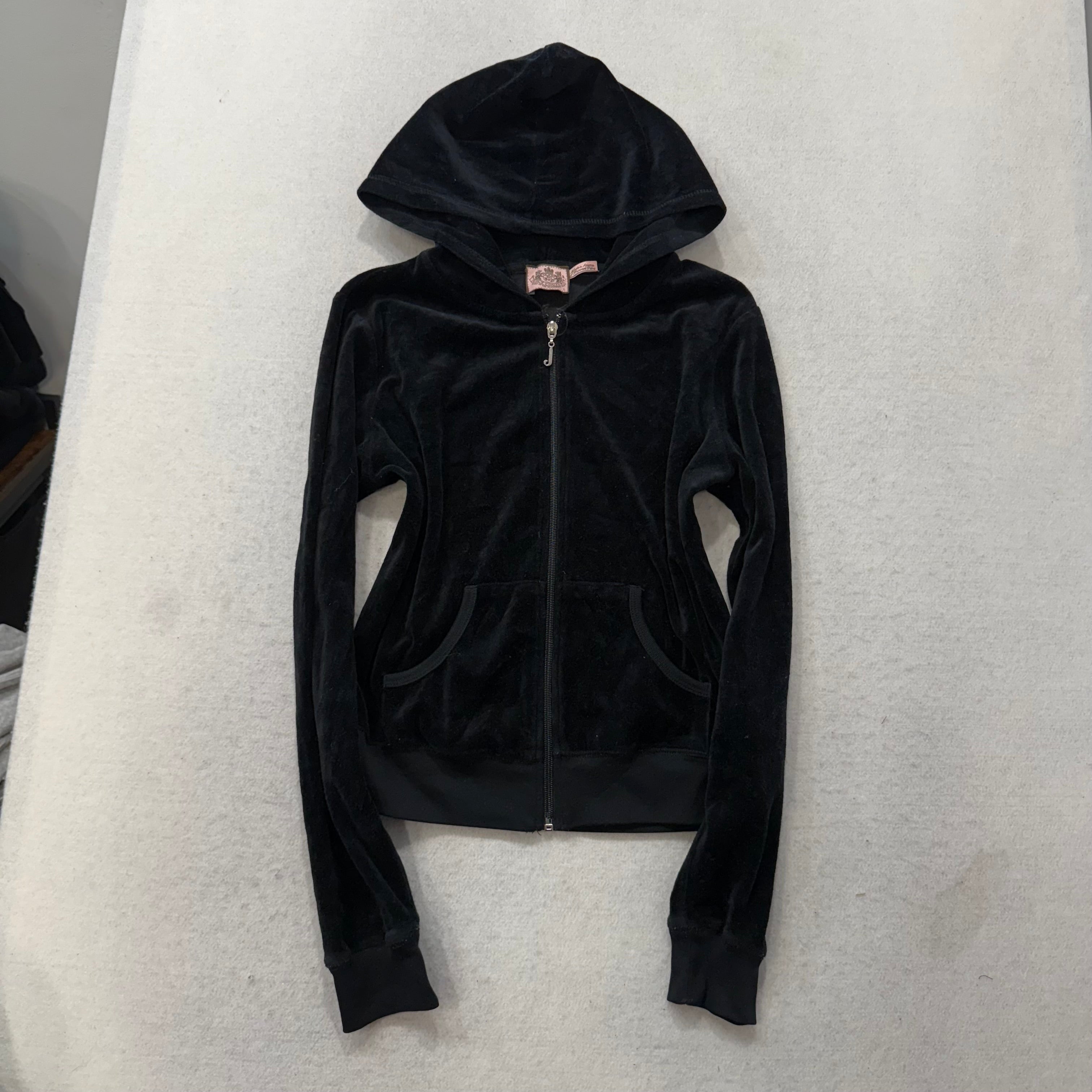 Juicy Couture Black Velour Tracksuit Set Zip Up Hoodie & Straight Pants Size L-Coordom