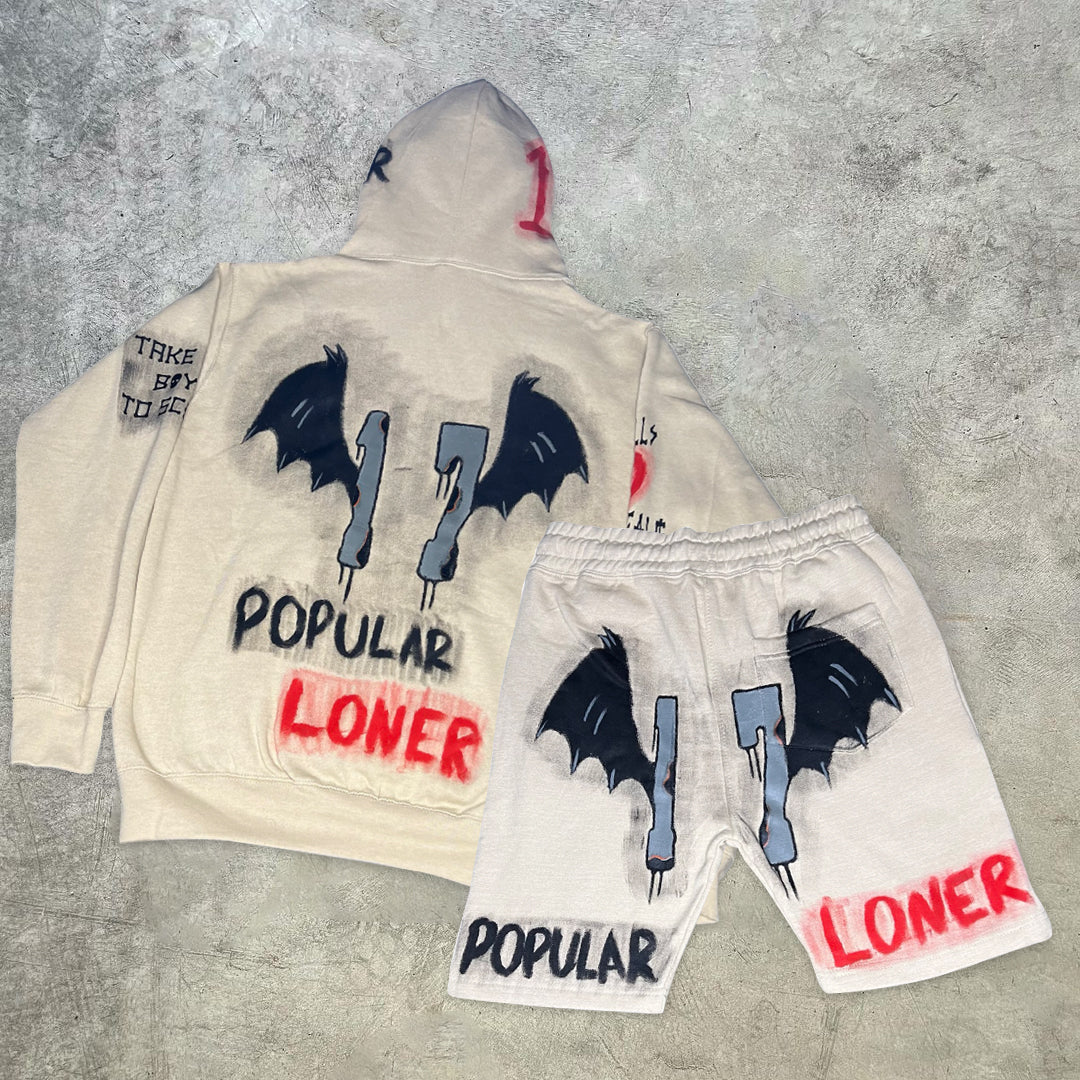 Art graffiti print street hoodie shorts set-Coordom