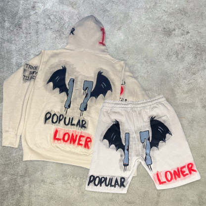 Art graffiti print street hoodie shorts set-Coordom