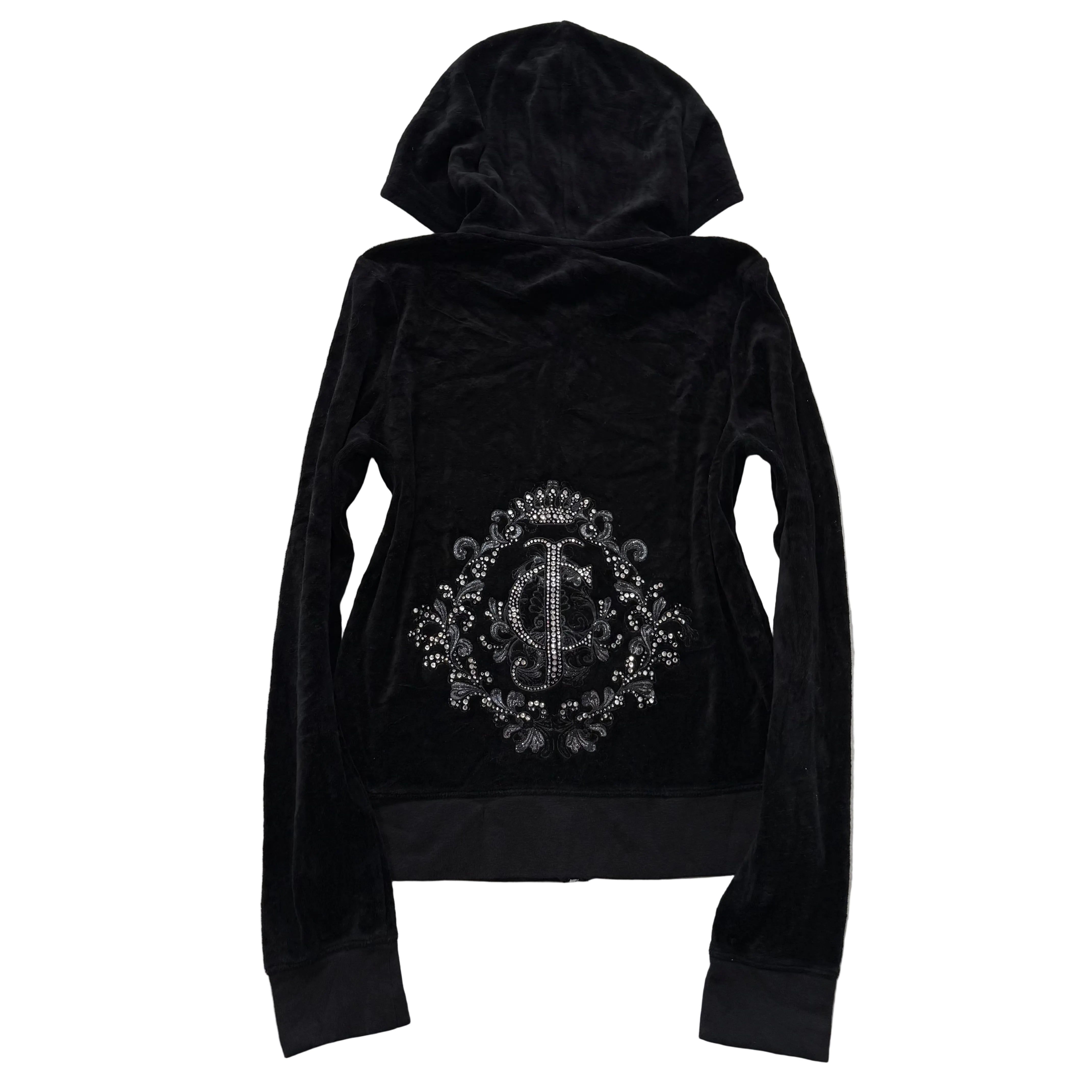 Juicy Couture Women's Black Velour Full Zip Hoodie Rhinestones Logo Y2K Size M-Coordom