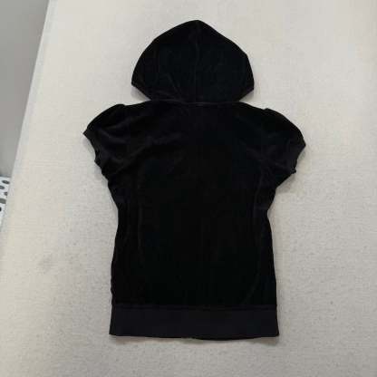 Vintage Juicy Couture Women's Black Velour Short Sleeve Zip-Up Hoodie Y2k Size S-Coordom