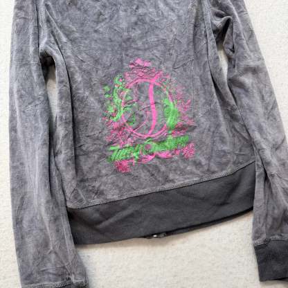 Juicy Couture Women's Gray Velour Full Zip Hoodie Loungewear Graphic Logo Size M-Coordom