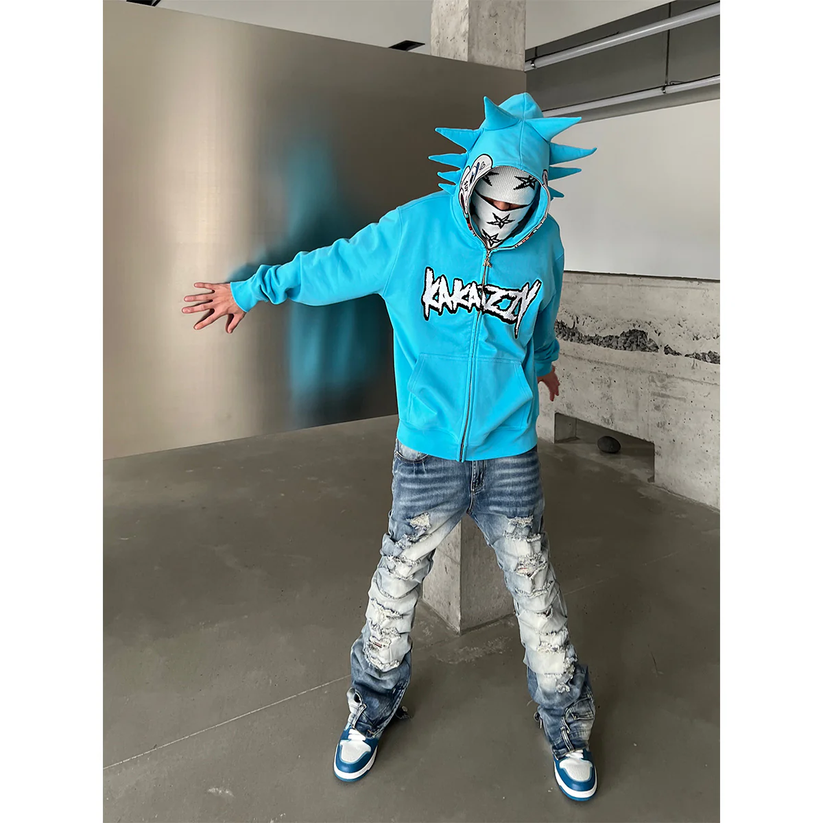 Street style Y2K pattern Full Zip Hoodie Blue-Coordom