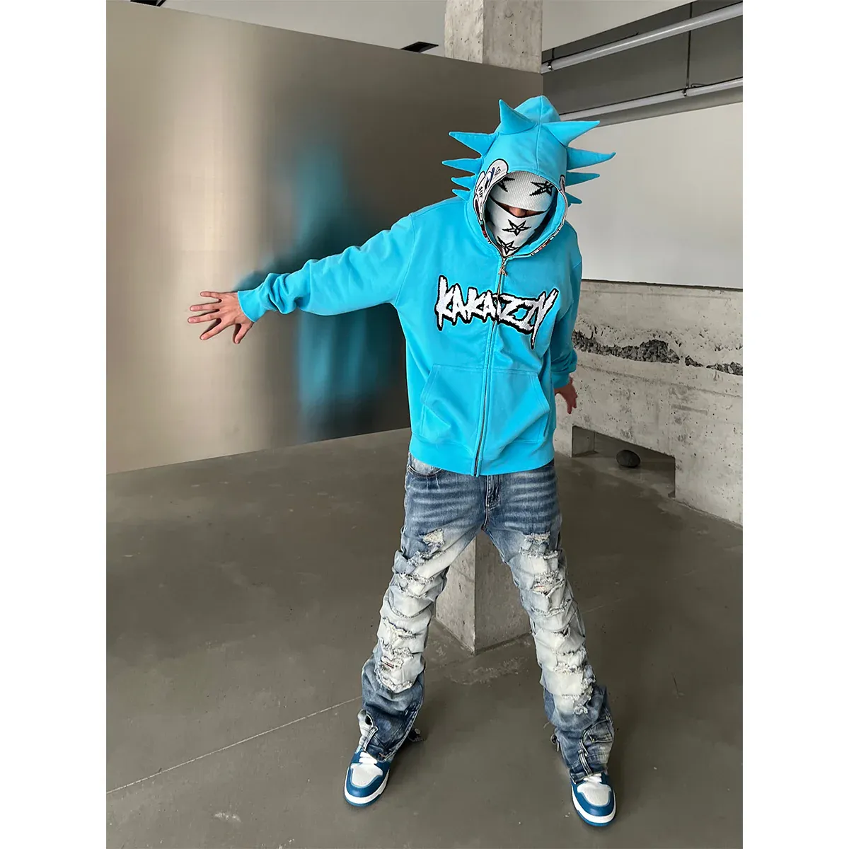 Street style Y2K pattern Full Zip Hoodie Blue-Coordom