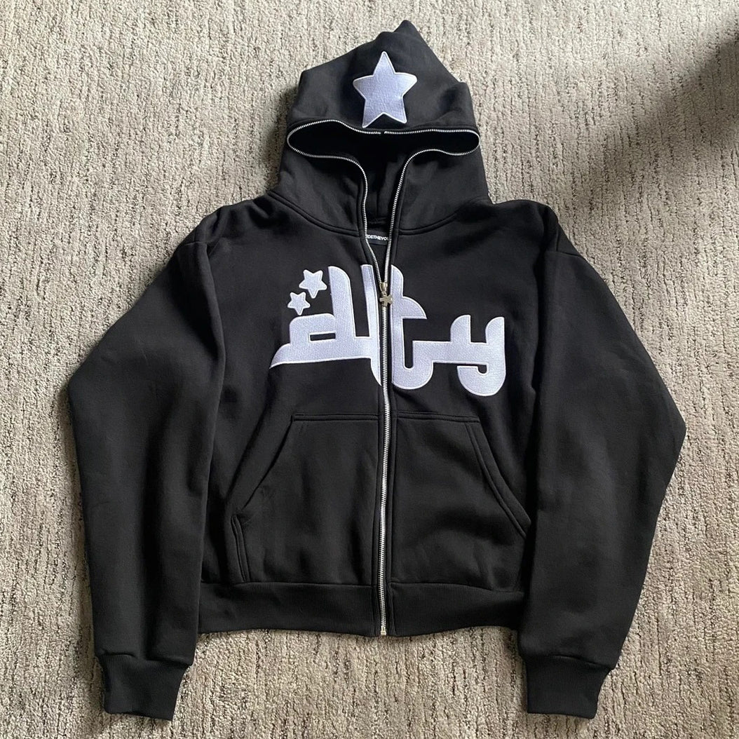 Letter And Pentagram Print Full Zip Hoodie-Coordom