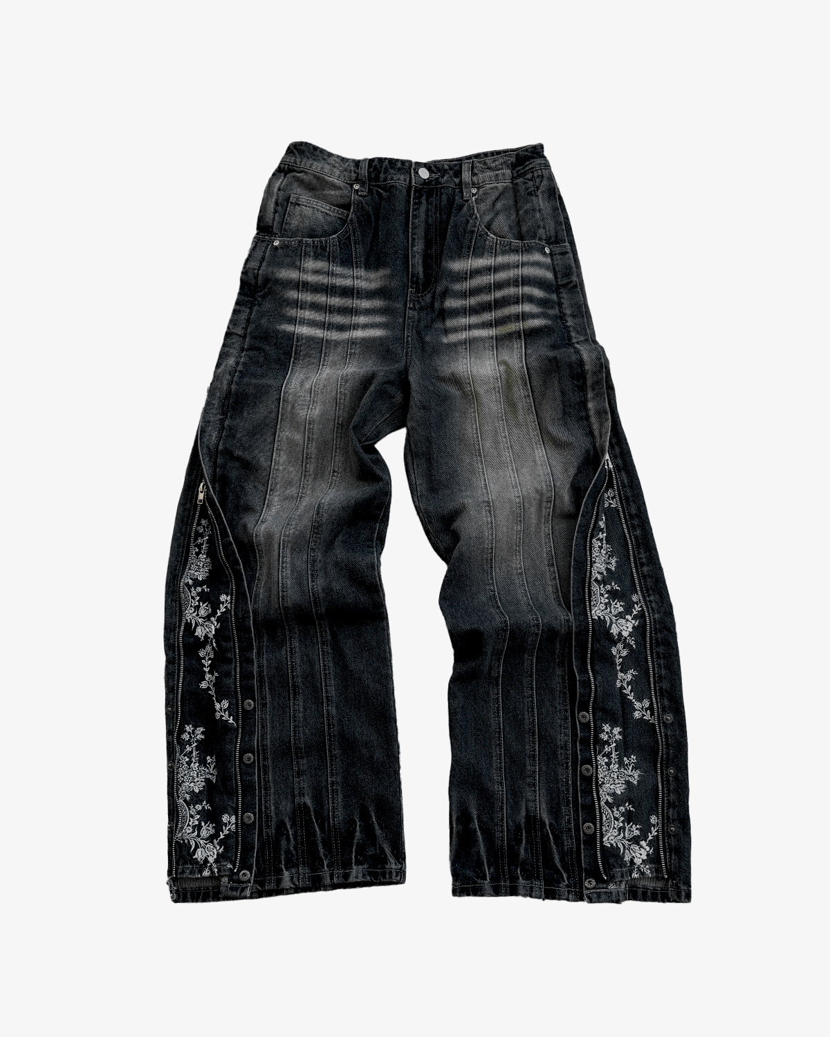 FLORAL ZIP JEANS WASHED BLACK-Coordom