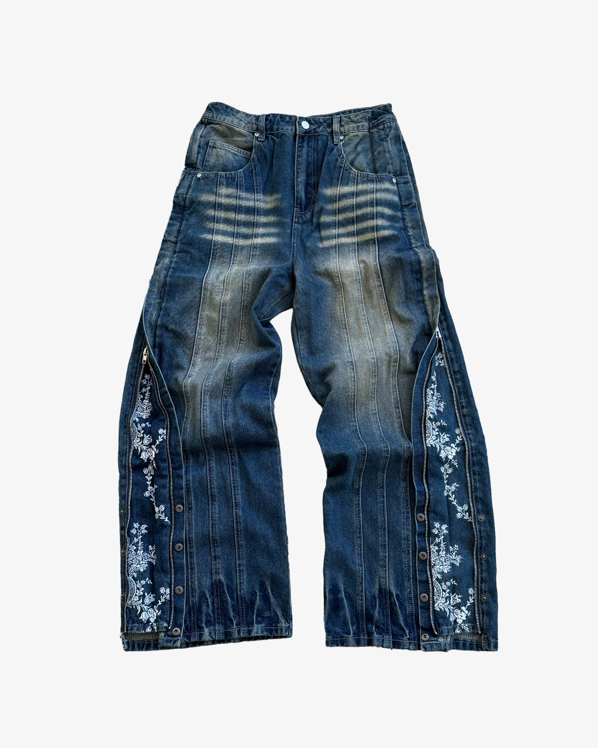 FLORAL ZIP JEANS WASHED BLUE-Coordom