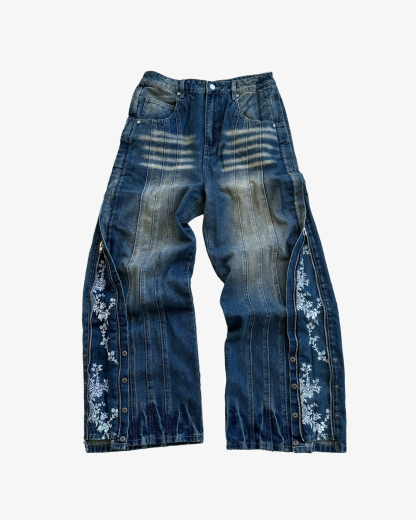 FLORAL ZIP JEANS WASHED BLUE-Coordom