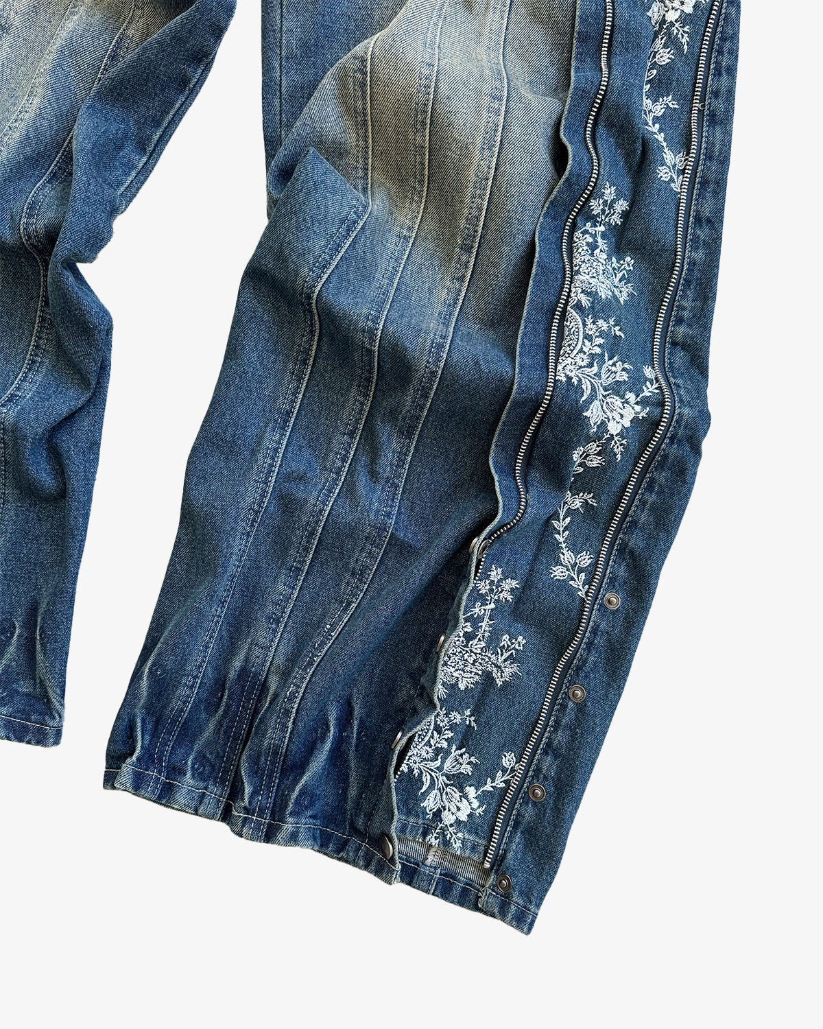 FLORAL ZIP JEANS WASHED BLUE-Coordom