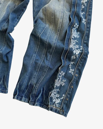 FLORAL ZIP JEANS WASHED BLUE-Coordom